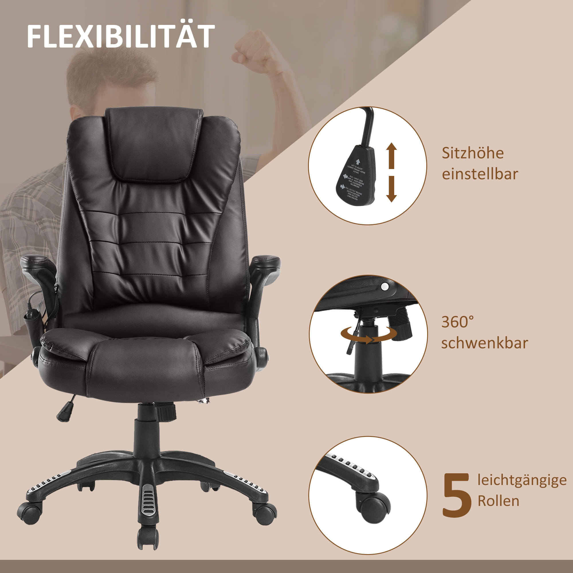 Bürostuhl mit Massagefunktion Ergonomischer Chefsessel mit Heizfunktion, Liegefunktion, Wippfunktion, Höhenverstellbar 360° Drehbar Schreibtischstuhl, Kunstleder, Braun