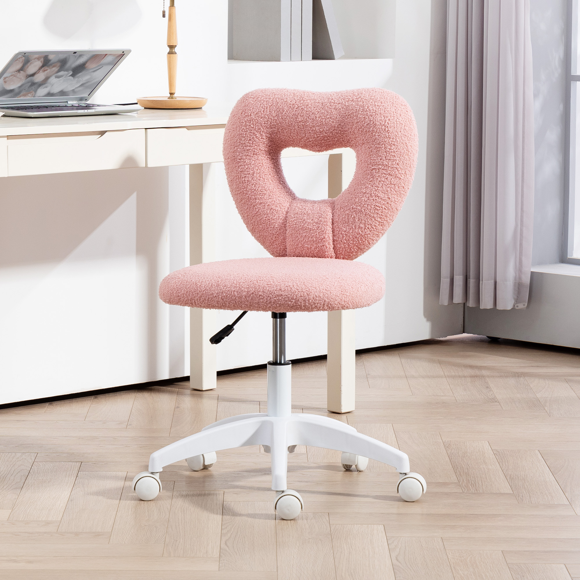 Schreibtischstuhl, Bürostuhl, Herzförmige Rückenlehne, gepolstert, Rosa