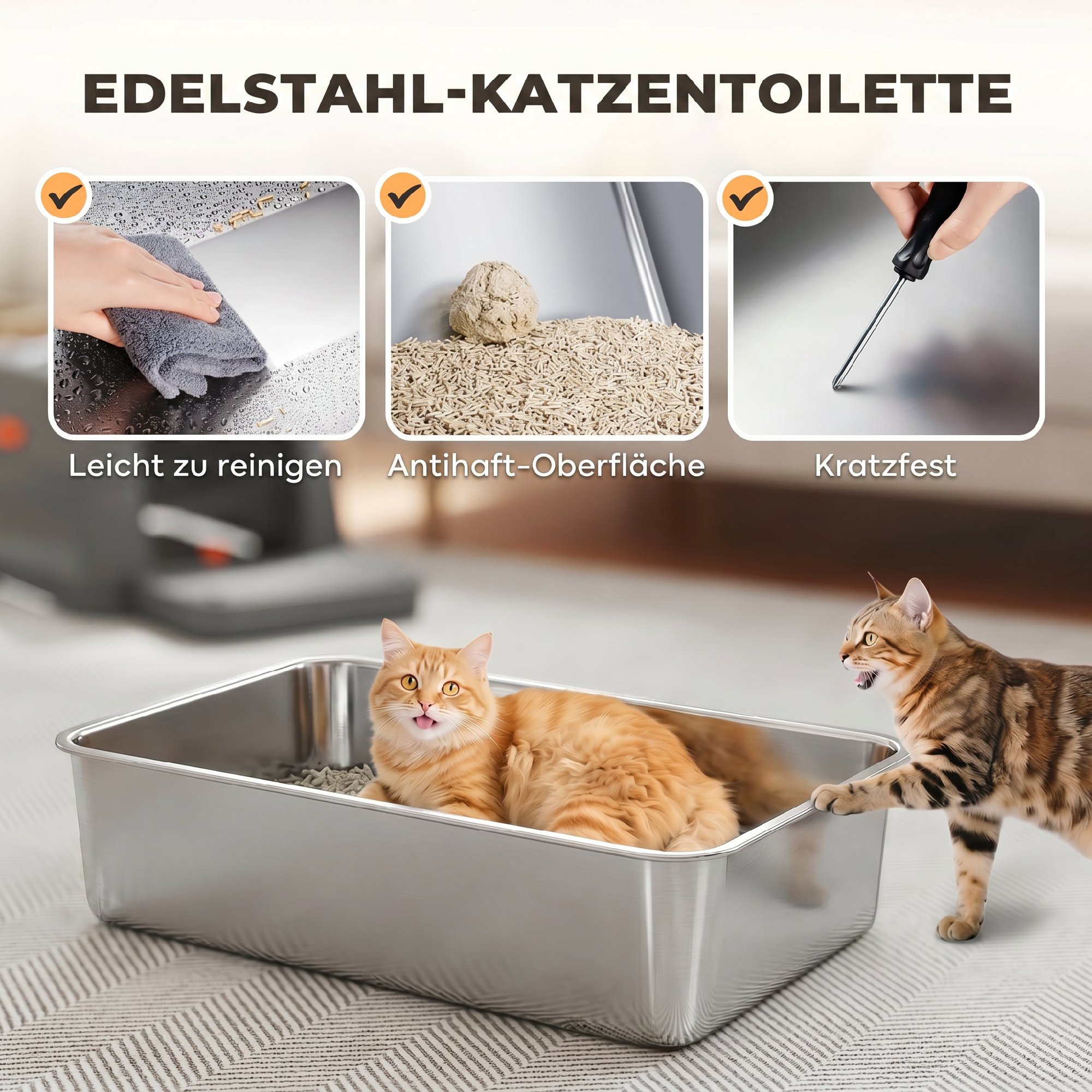 Katzenklo XXL Edelstahl Katzentoilette 130L mit 180° Klappdeckel Hohen Seitenwänden Schaufel Trittstufe 70x50x43cm Grau