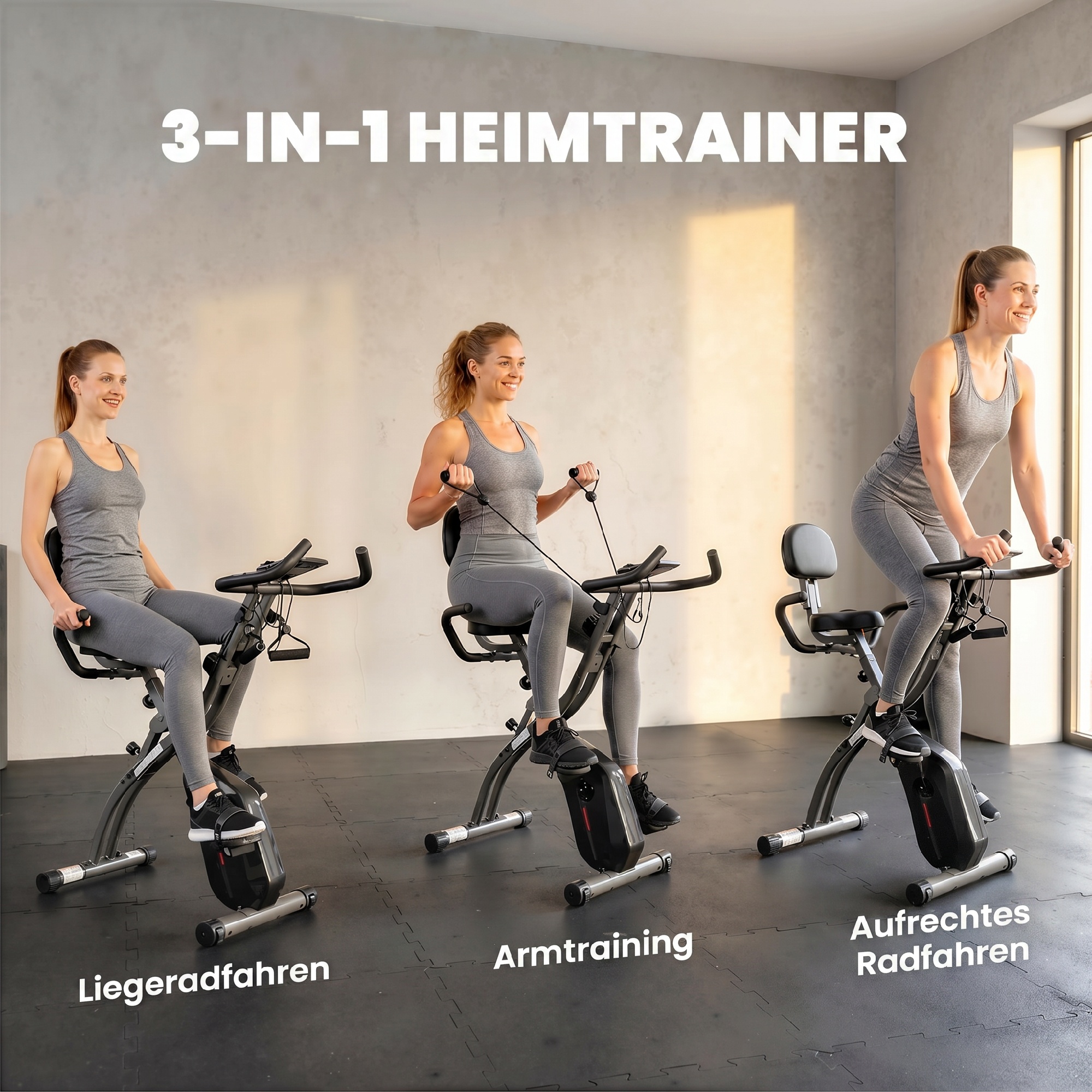 3 in 1 Heimtrainer Fahrrad Klappbar Leise Liegeergometer mit LCD Monitor Bluetooth Herzfrequenz Sensor Widerstandsband