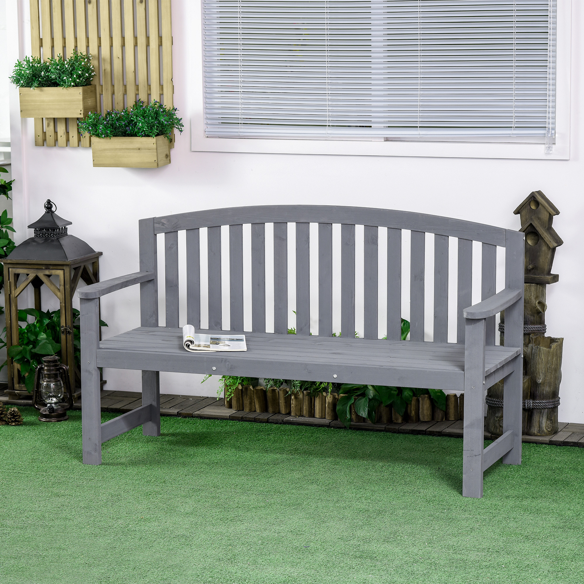 2-Sitzer Gartenbank Holz, wetterfest Sitzbank, Gartenmöbel mit Rückenlehnen, 240 kg belastbar 143 x 51 x 85 cm, Grau