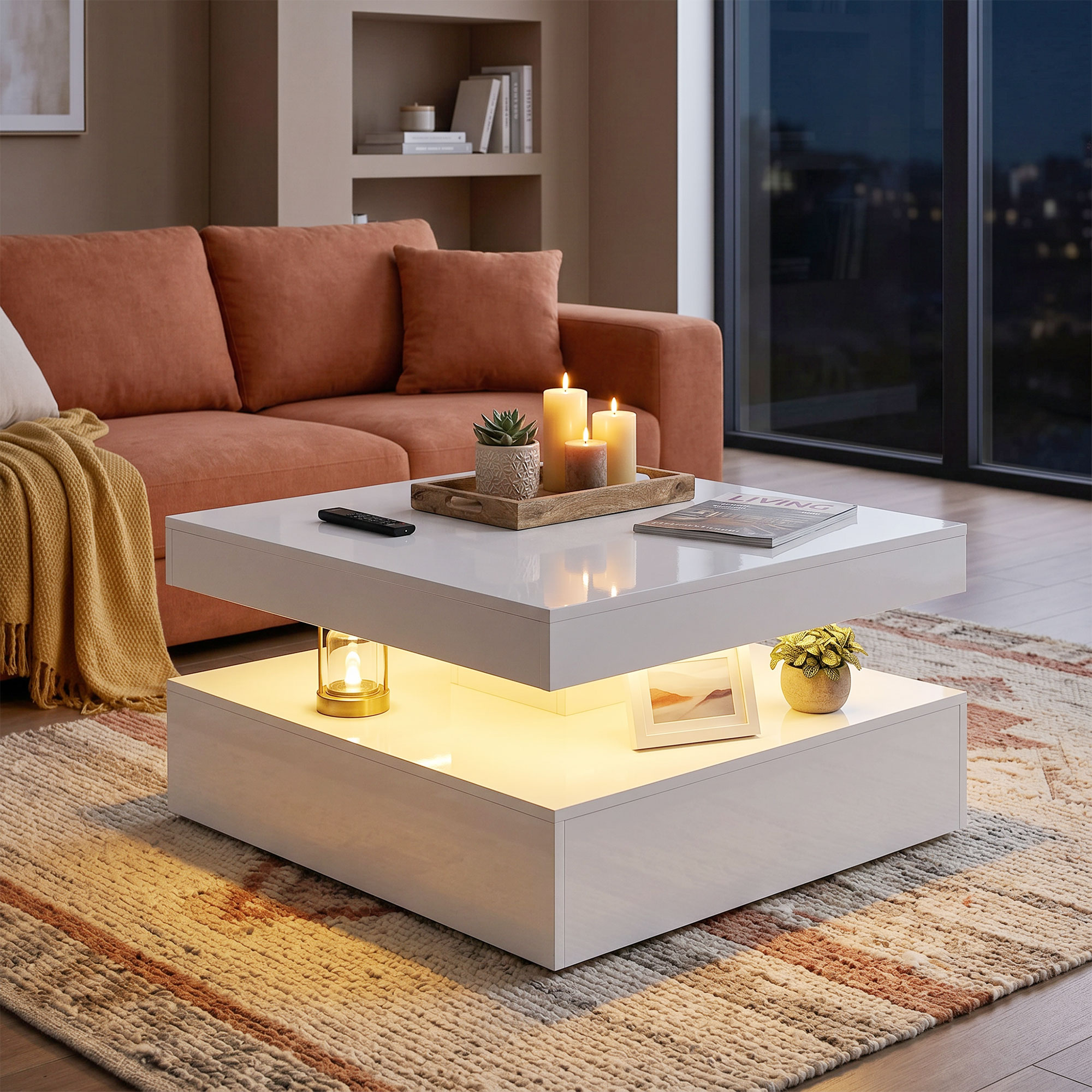 LED-Couchtisch mit Stauraum, 2-stufiger moderner Tisch mit offener Ablage und Fernbedienung, Hochglanz Weiß