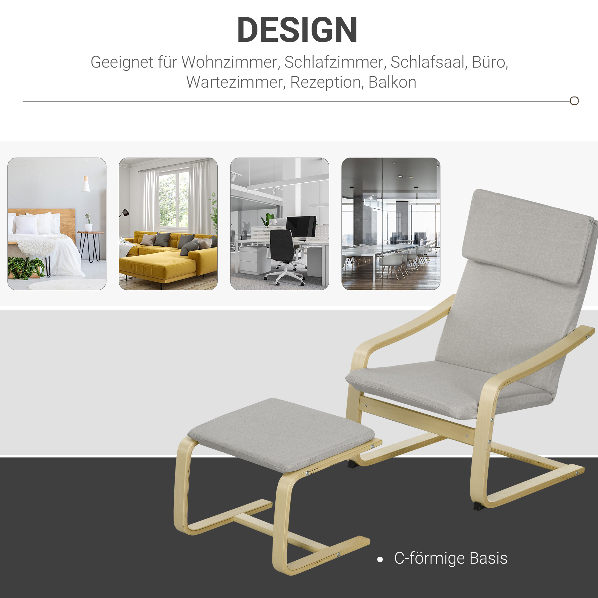 Loungesessel mit Hocker, Bezug in Leinenoptik, Holzrahmen, bis 120 kg, Hellgrau/Natur