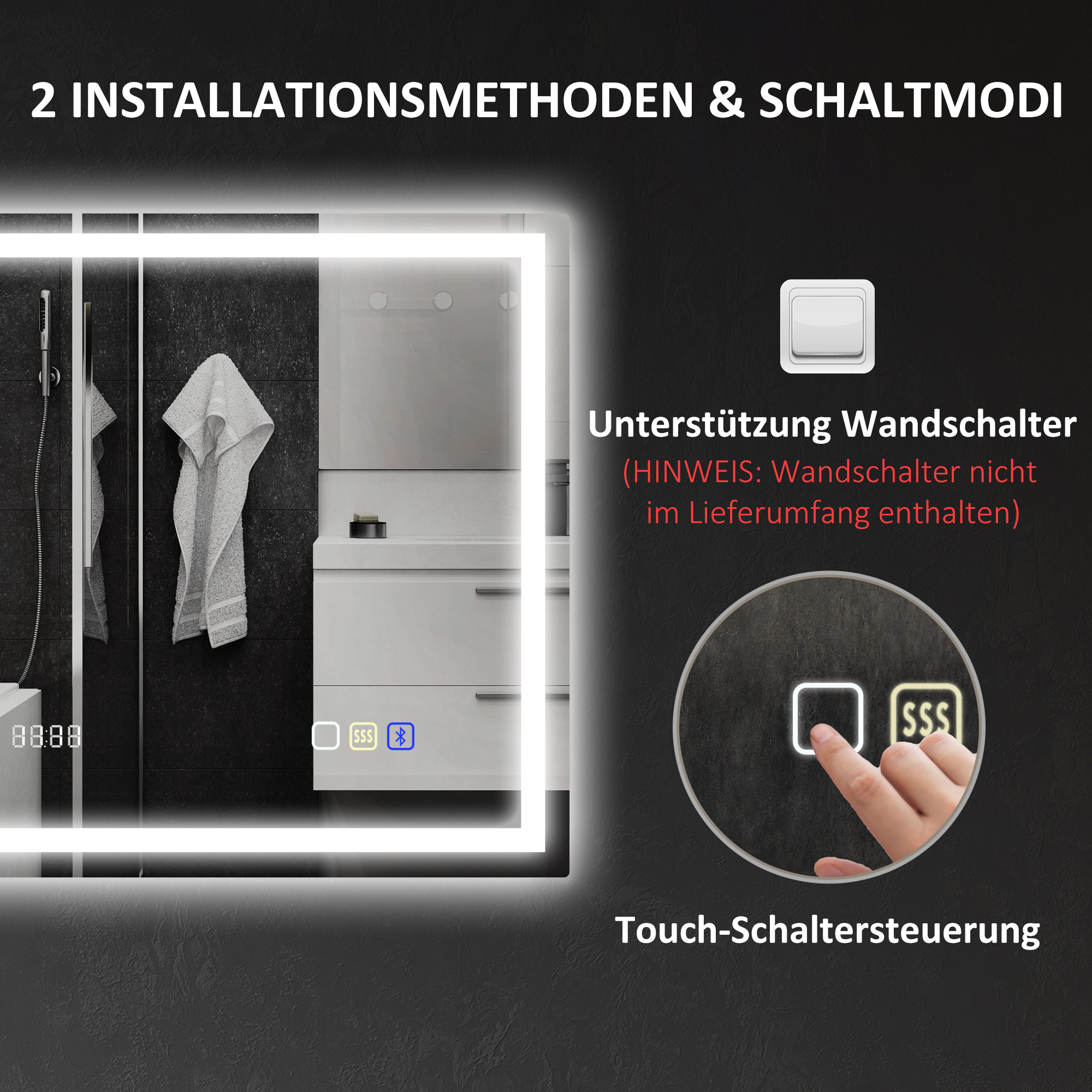 Badezimmerspiegel mit LED-Beleuchtung, Anti-Beschlags-Pad, 3 verstellbare Farben, Uhr, 600 x 800 mm, Silberfarben