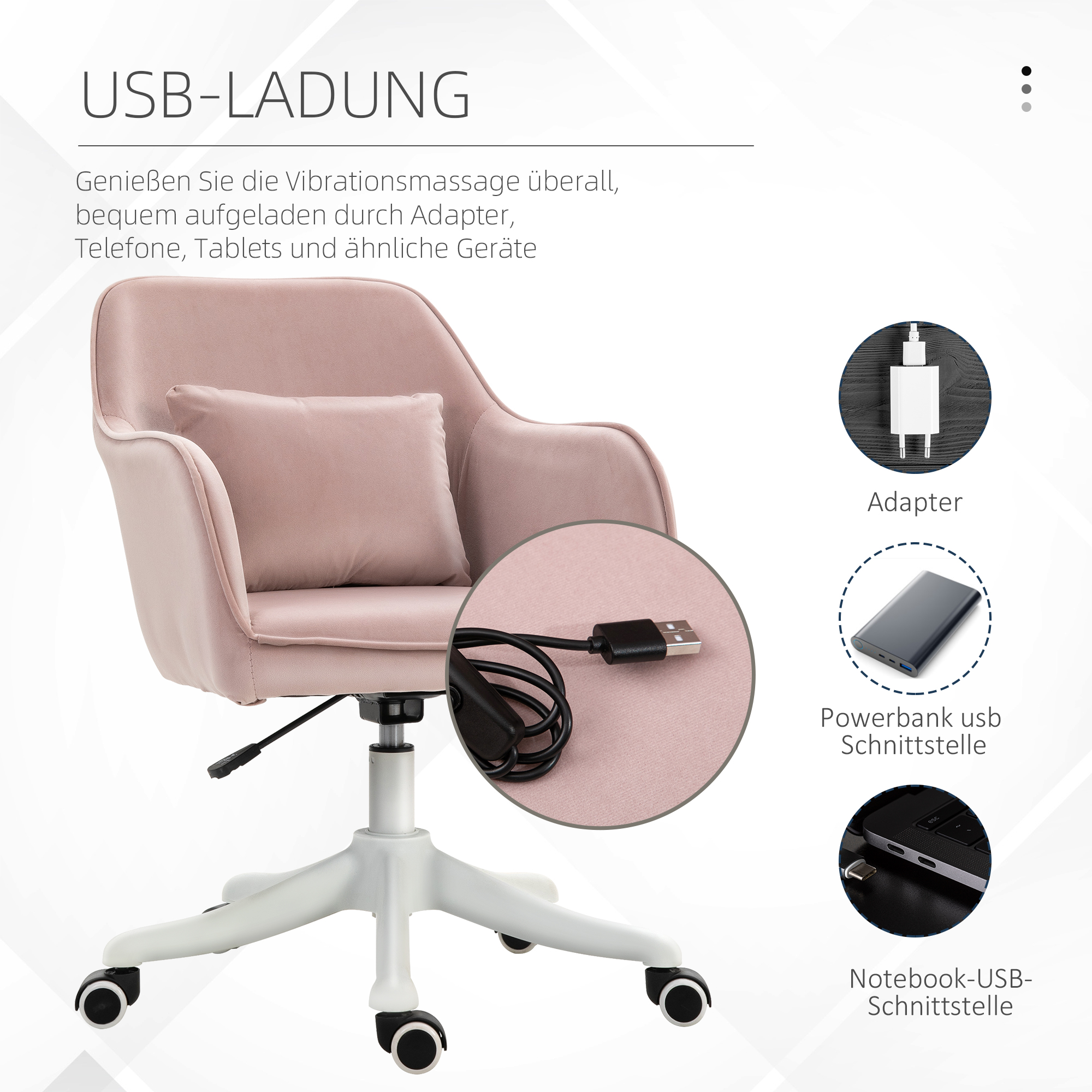 Massage Schreibtischstuhl 78-86 cm höhenverstellbarer Bürostuhll Drehstuhl Computerstuhl mit USB-Schrittstelle Arbeitsstuhl mit Vibrationsfunktion Lendenkissen Massagefunktion rosa