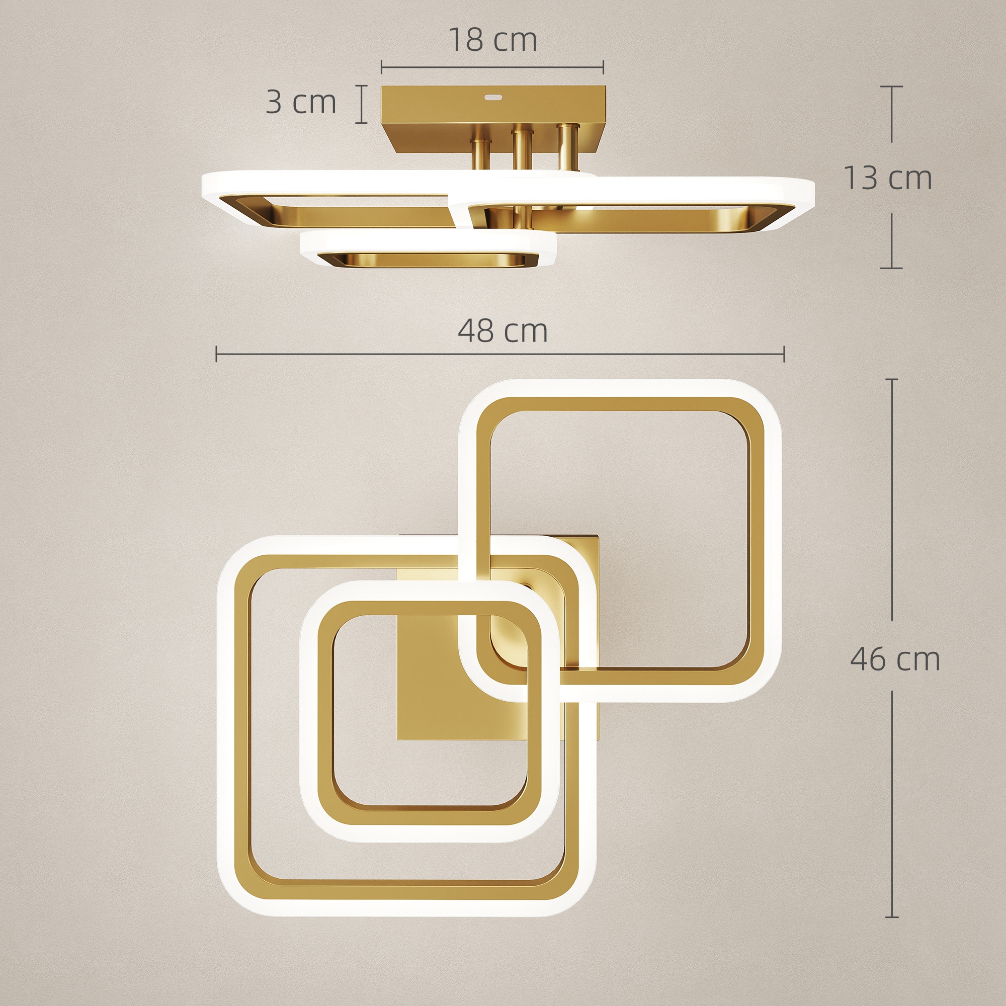 Deckenleuchte LED 40W 4300LM 3500K/4500K/6000K Deckenlampe 3-eckige Wohnzimmerlampe, 48 x 46 x 13 cm, Gold