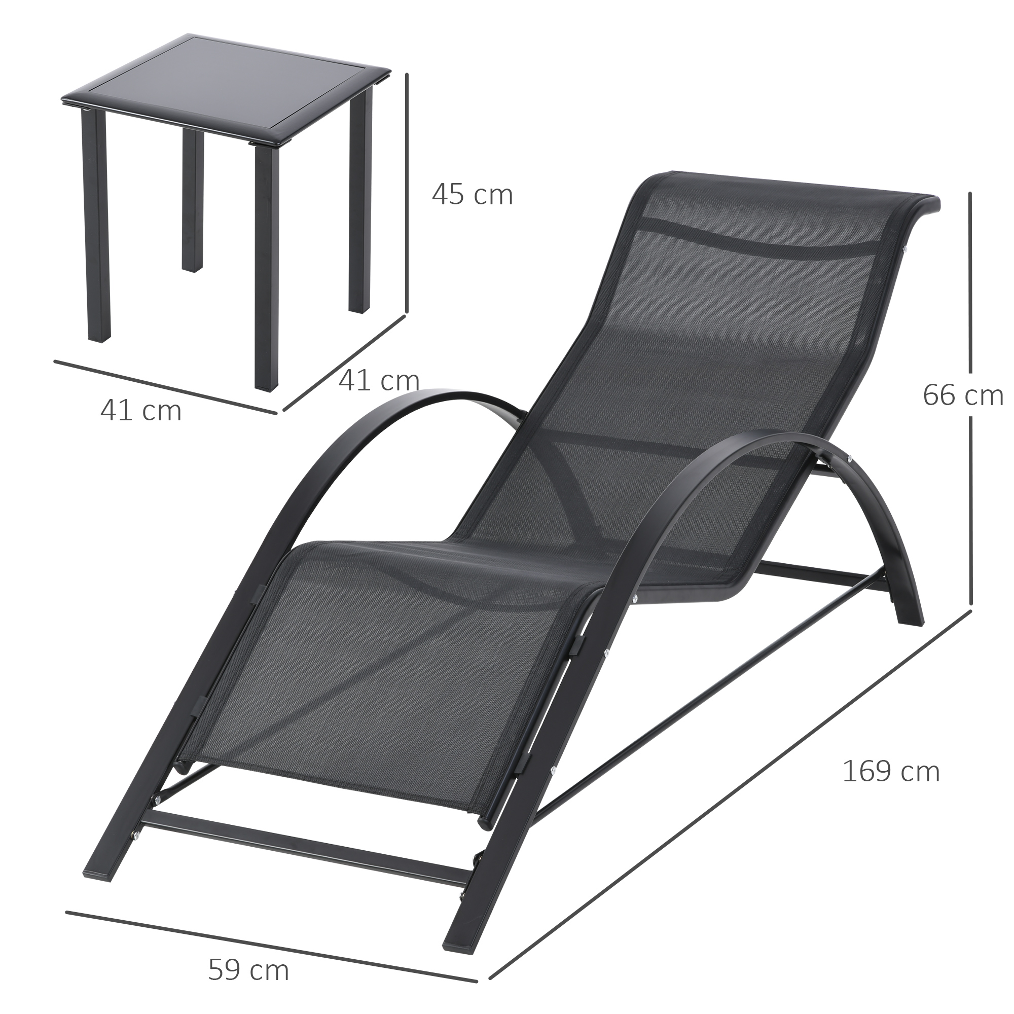Gartenlounge-Set, 2 Liegen mit Beistelltisch, atmungsaktiver Stoff, stabiler Metallrahmen, Schwarz