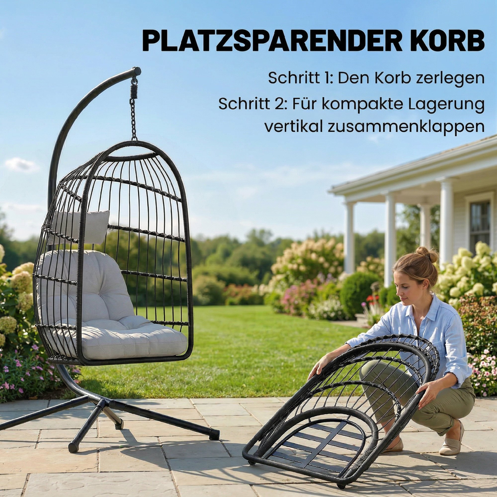 Hängesessel mit Gestell faltbar Polyrattan Hängekorb mit Kissen Sicherheitsgurt Kopfstütze Bänder, höhenverstellbar