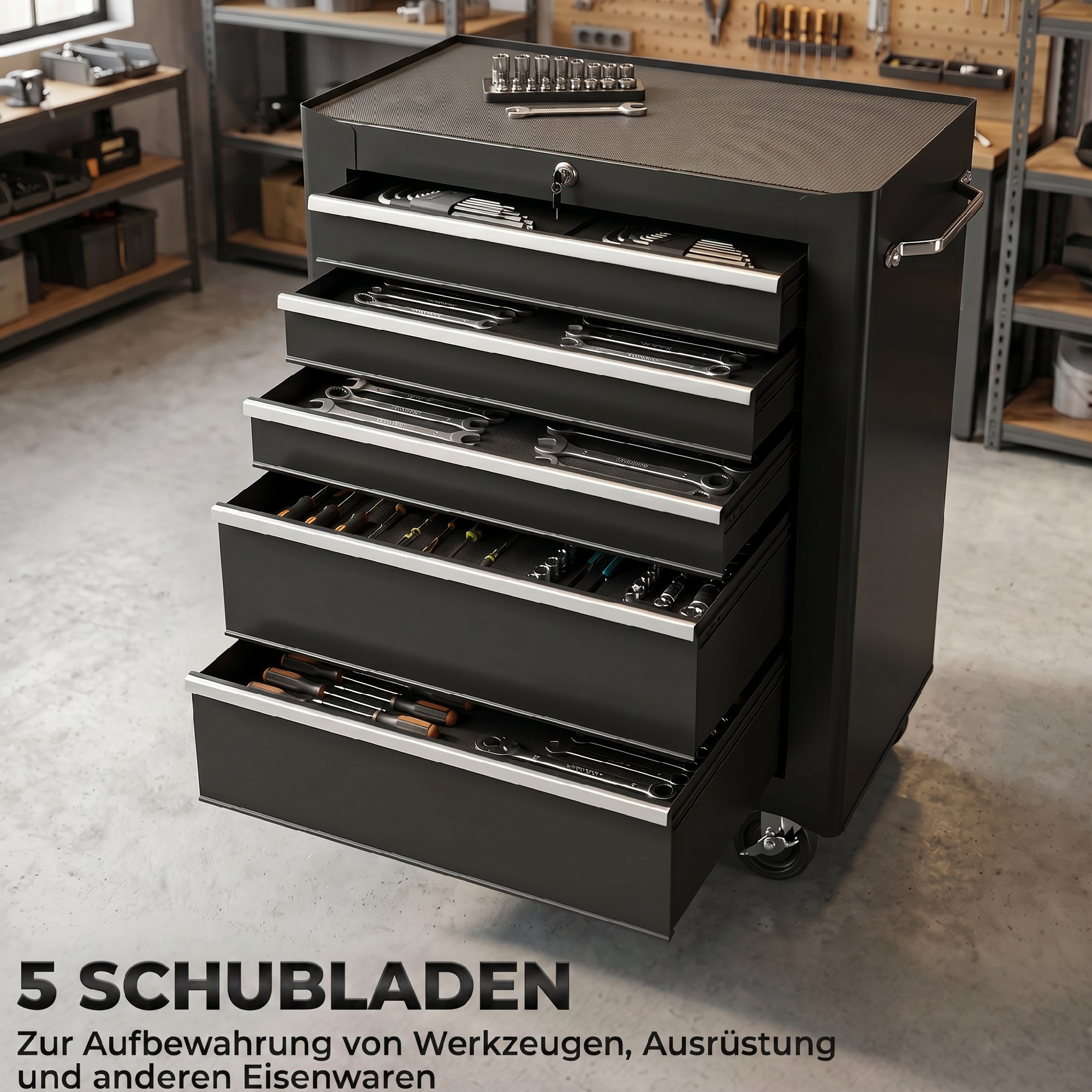 Werkzeugschrank, Werkzeugkiste, 5 Schubladen, rollbar, Stahl, Schwarz
