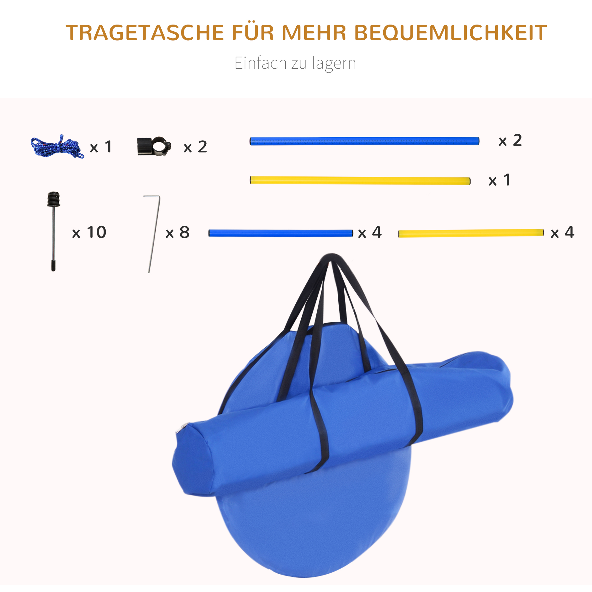 Agility Set Hunde, 4-teiliges Agility Ausrüstung mit Hundetunnel, Hürden, 8 Slalomstangen, Startfeld, Aufbewahrungstasche, Steckhürdenset für Hundetraining, Trainingsset für Hunde Gelb+Blau