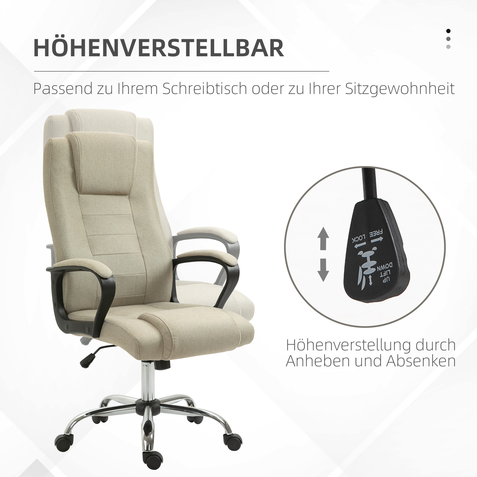 Bürostuhl in Leinenoptik, höhenverstellbar, Wippfunktion, 5 Rollen, Beige