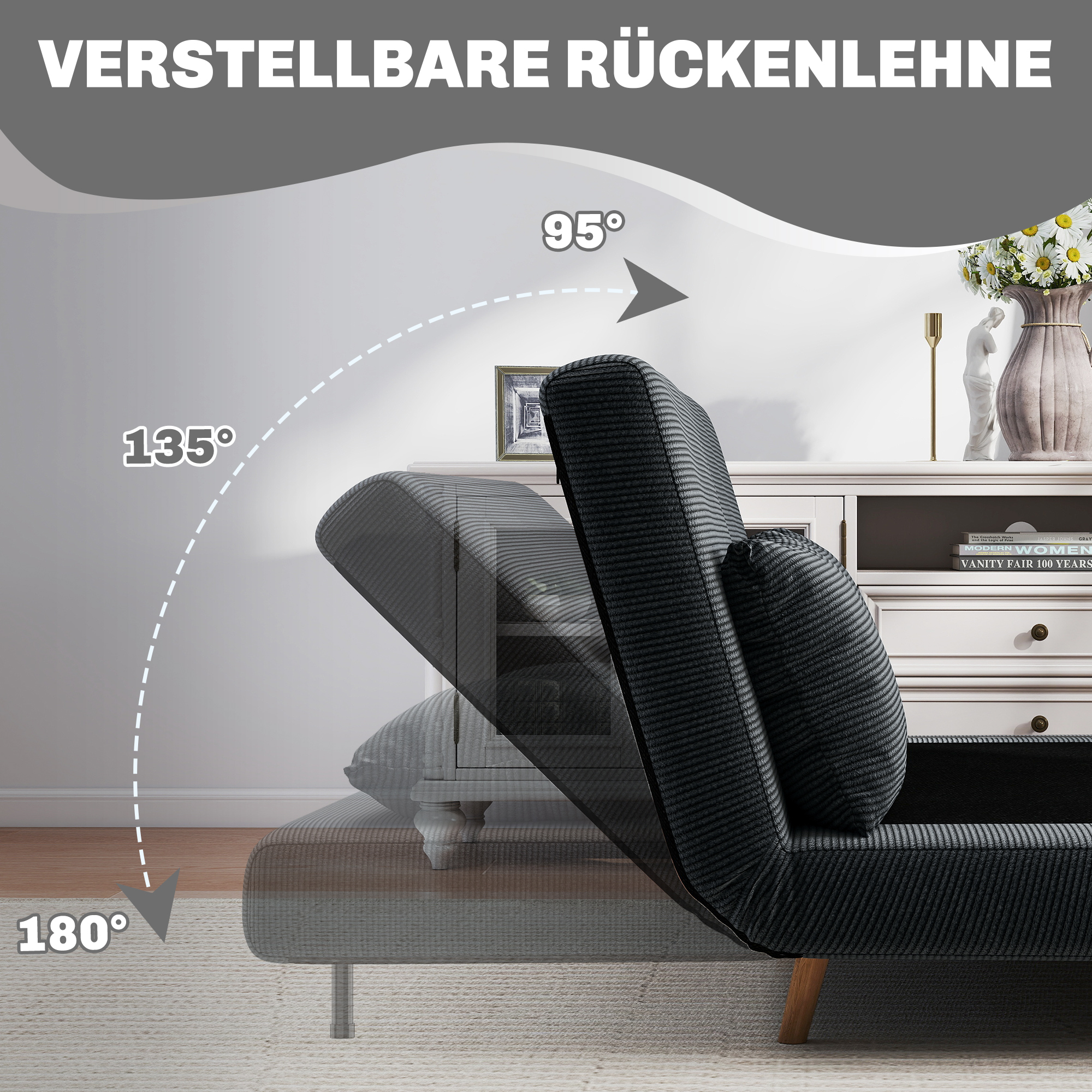 Schlafsofa, Gästebett, 3-fach verstellbare Rückenlehne, Kordoptik, bis 120 kg, 141 x 90 x 81 cm, Dunkelgrau