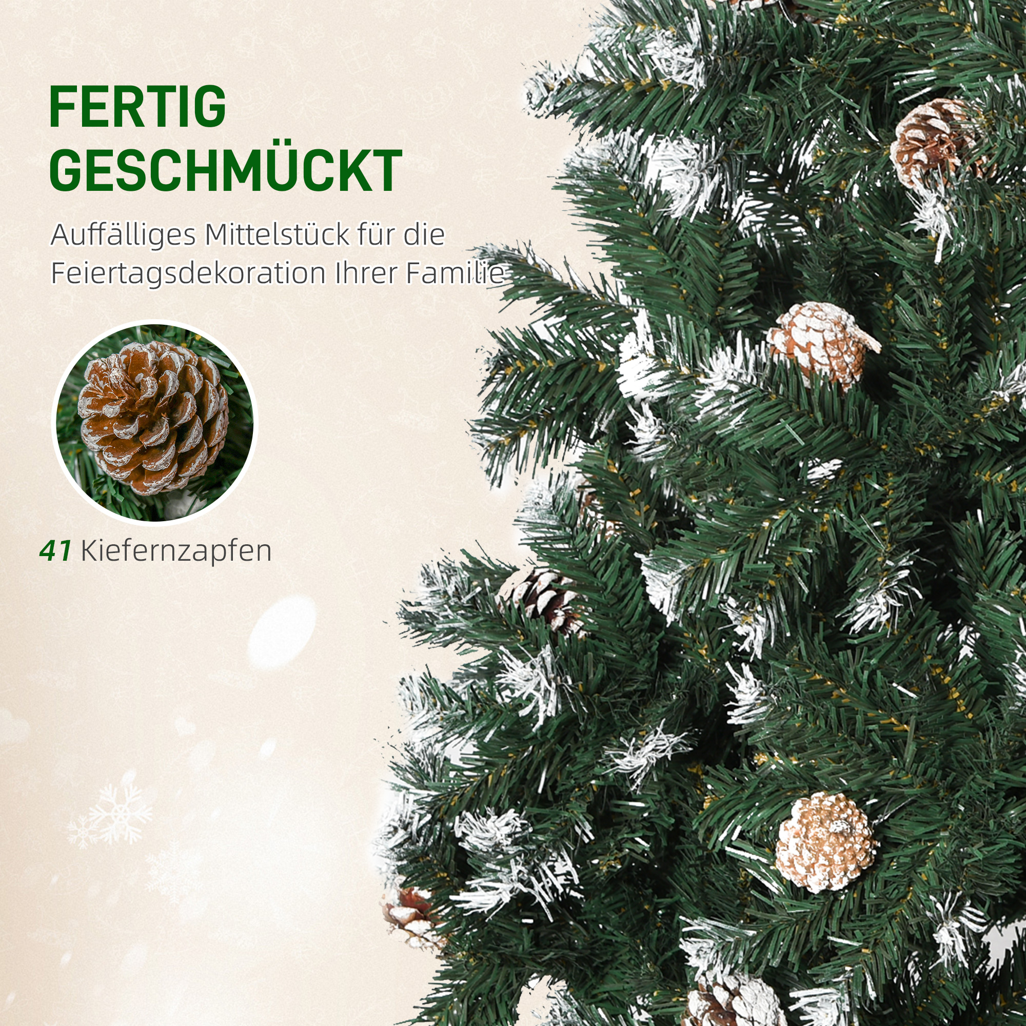 Weihnachtsbaum, 676 Zweige, 41 Zapfen, verschneite Spitzen, feuerfest, 180 cm