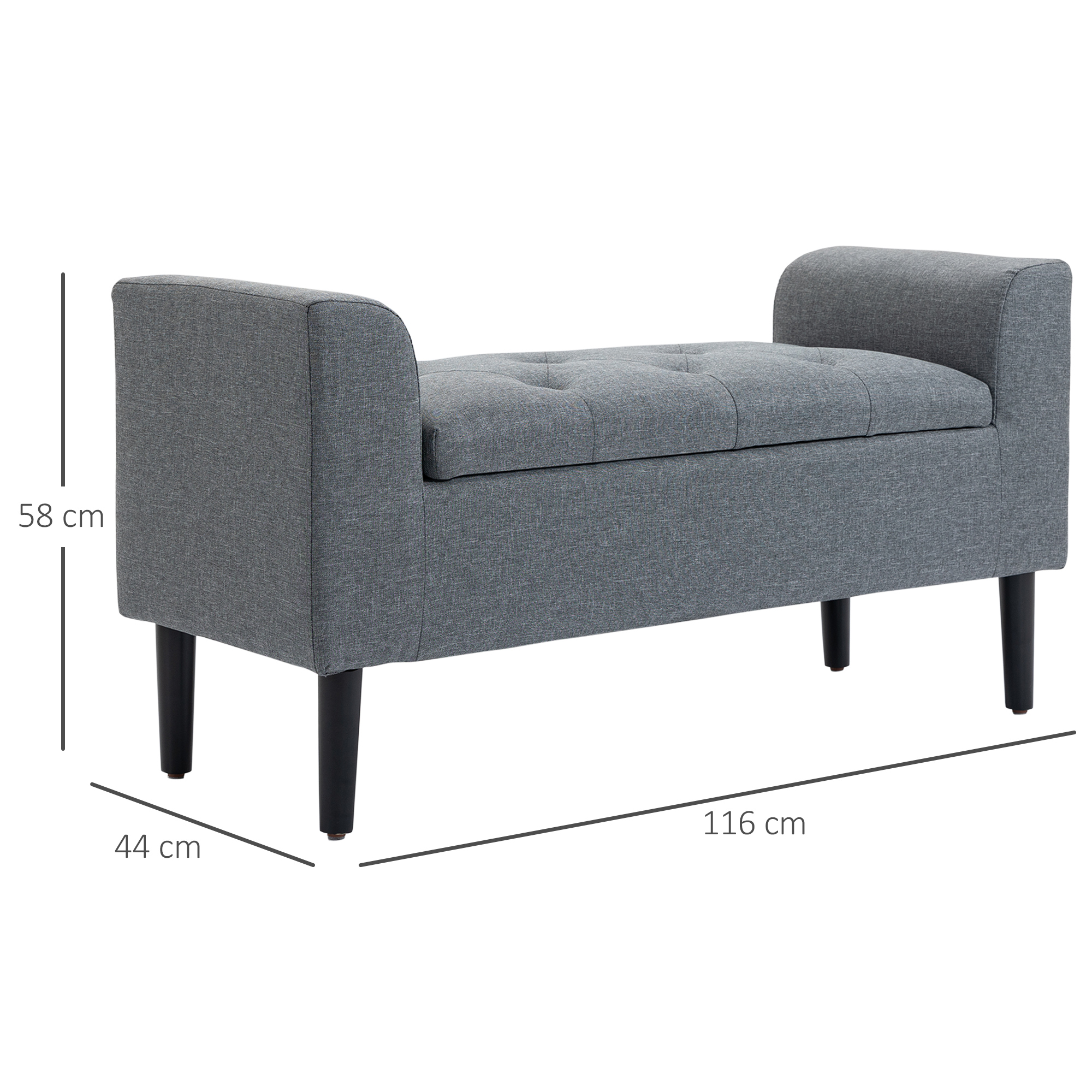 Sitzbank mit Stauraum, Polsterbank, belastbar bis 130 kg, Leinenoptik, Kautschukholz, 116 x 44 x 58 cm, Hellgrau