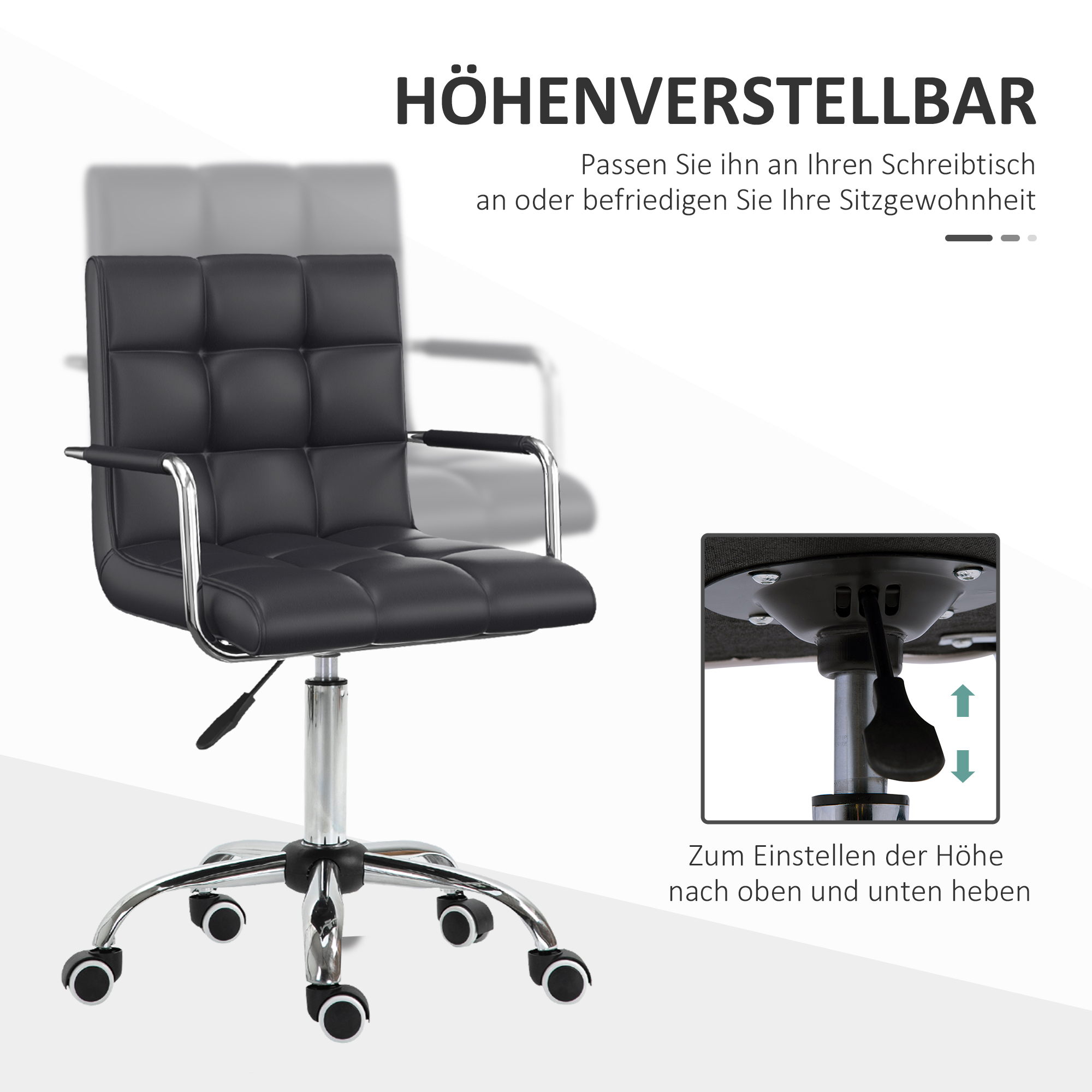 Bürostuhl im Retrodesign, höhenverstellbar, 5 Rollen, 52,5 cm x 54 cm x 99 cm, Schwarz