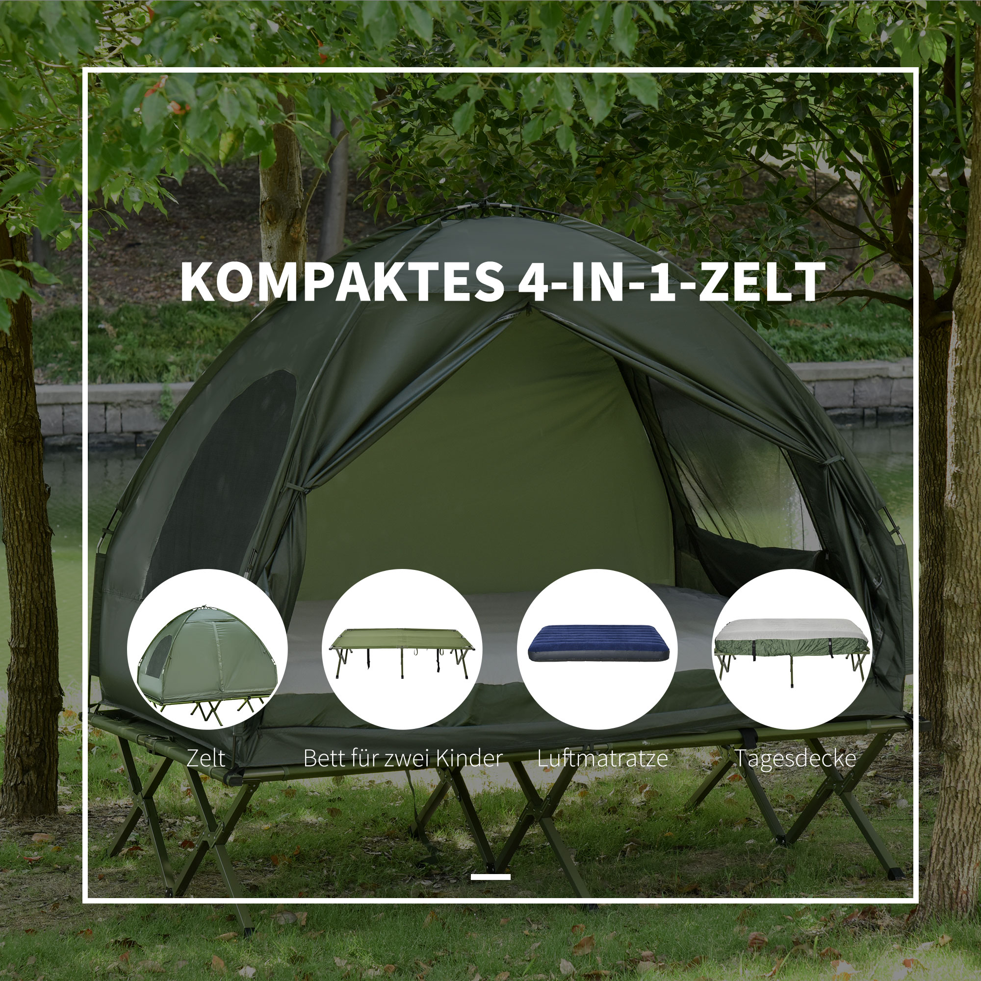 Campingzelt-Set für 2 Personen mit Feldbett und Luftmatratze Grün