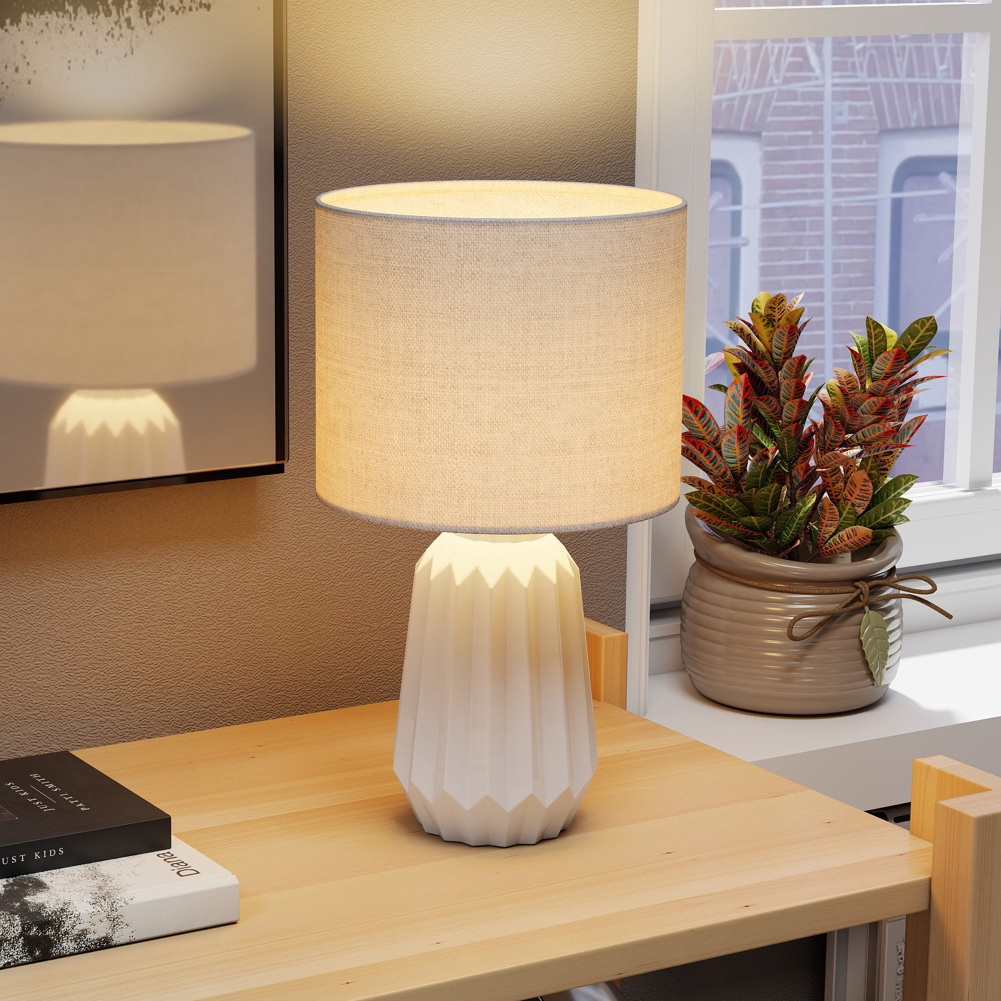 Tischlampe, Tischleuchte, Nachttischlampe mit Leinenschirm, Wippschalter, Schreibtischlampe, 22 x 22 x 39 cm, Weiß