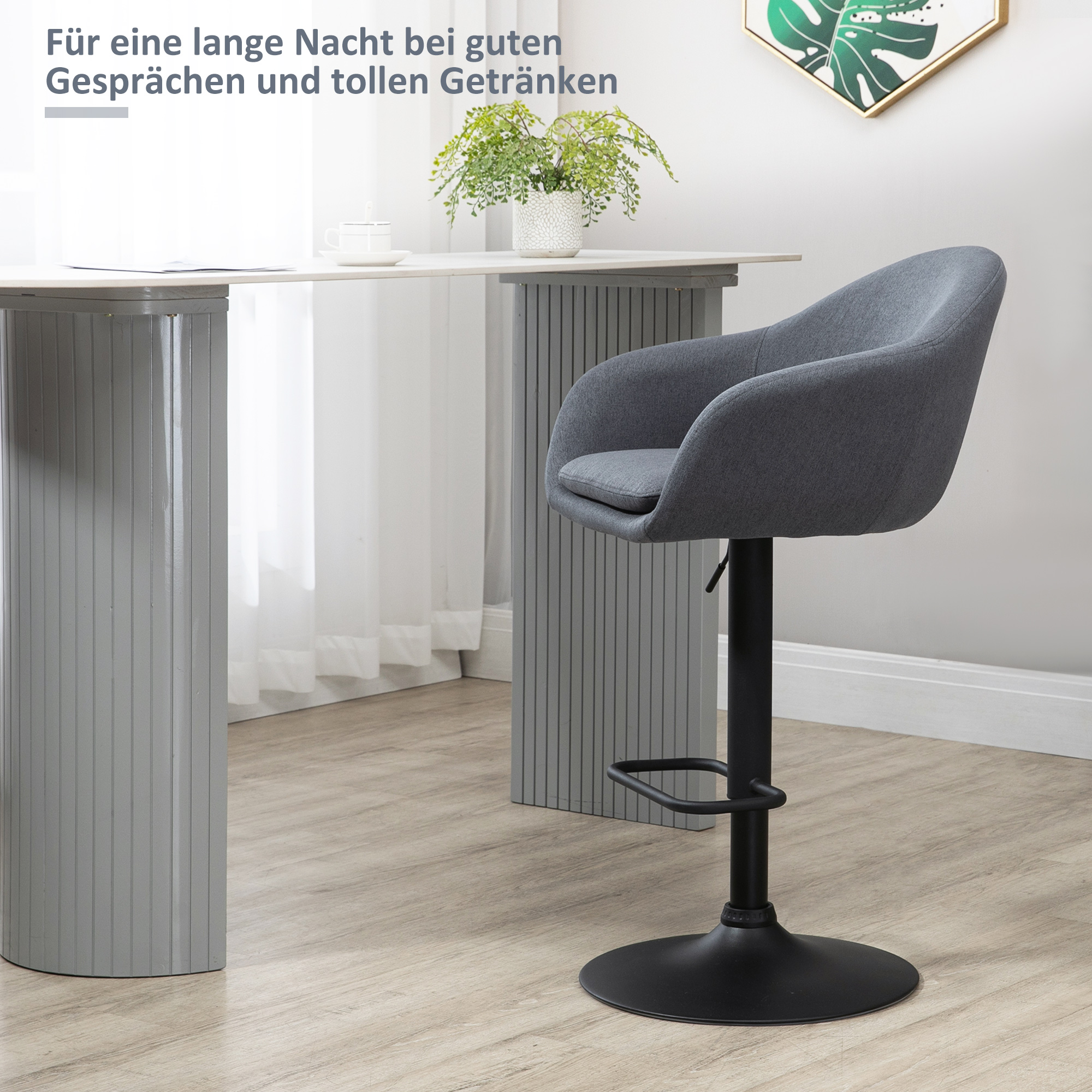 Barhocker höhenverstellbar mit Lehne und mit Fußstütze; Leinenoptik, 54 cm x 54 cm x 112 cm, Grau