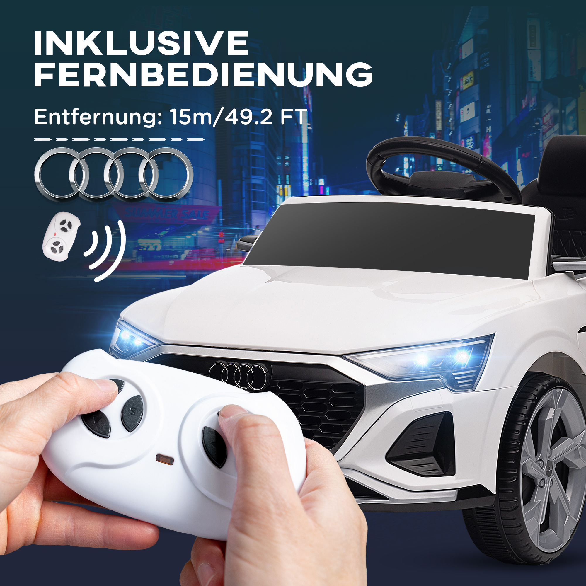 Kinderfahrzeug Audi Q8, 3-5 km/h, Fernsteuerung, Scheinwerfer, Musik, weiß