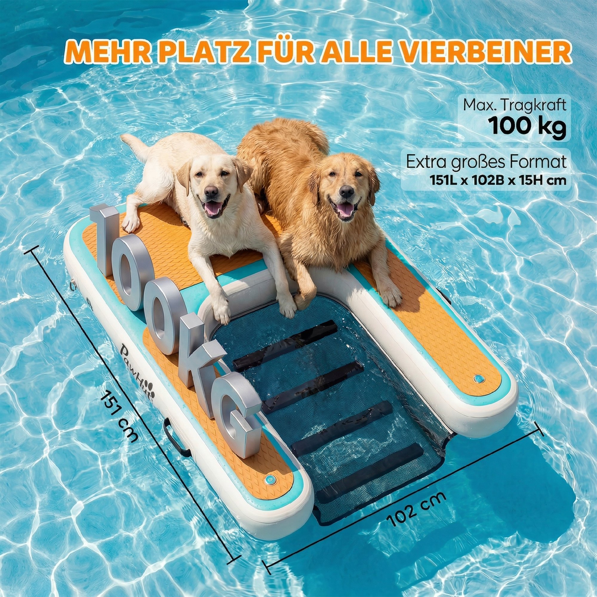 Aufblasbare Hunde Wasserrampe Hunderampe Pool 151x102 cm Tragbares Hundeboot mit Rutschfester EVA-Oberfläche Orange