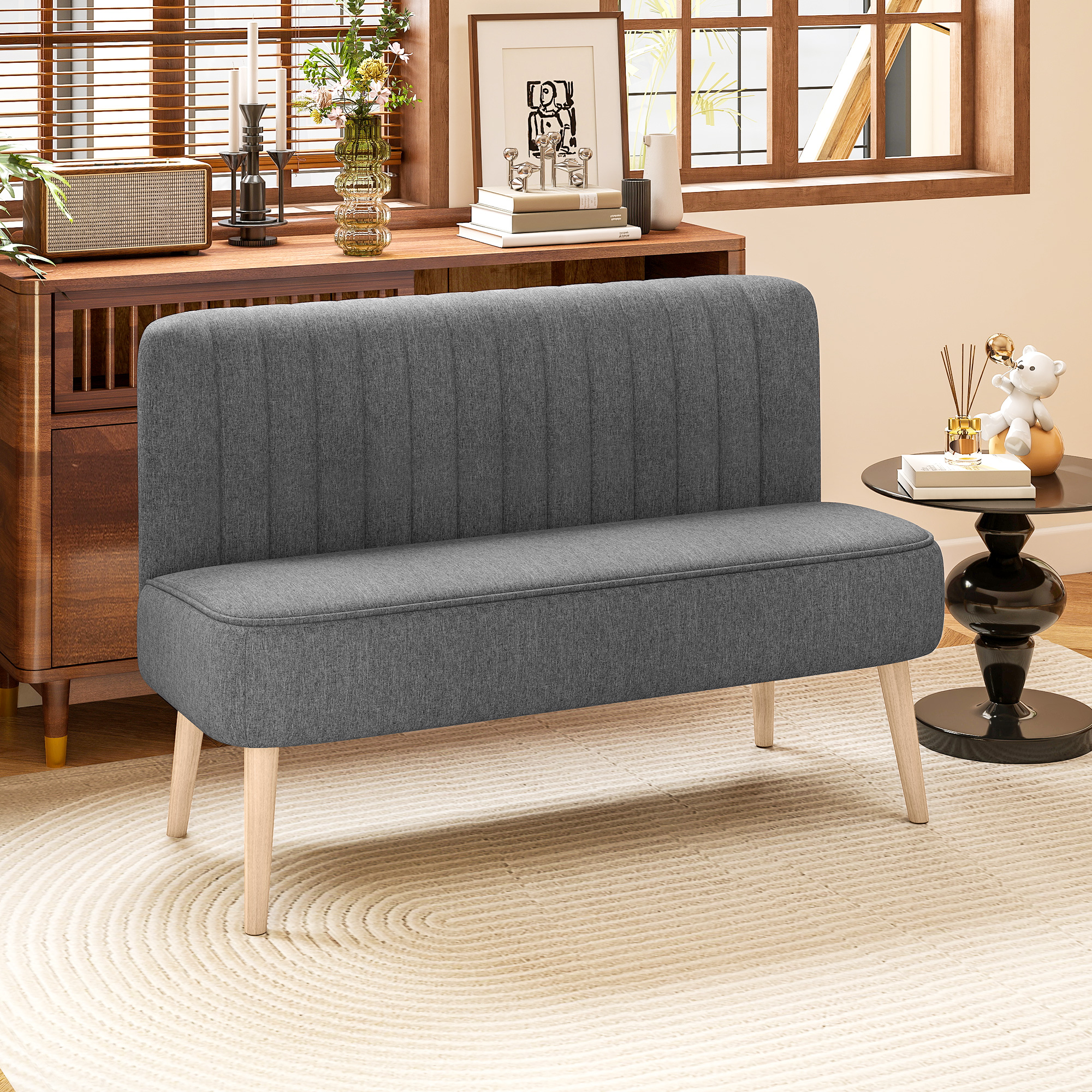 Sofa 2 Sitzer, Polstersofa Leinenoptik, Holzrahmen, Für Wohnzimmer Schlafzimmer, 117 cm, Grau