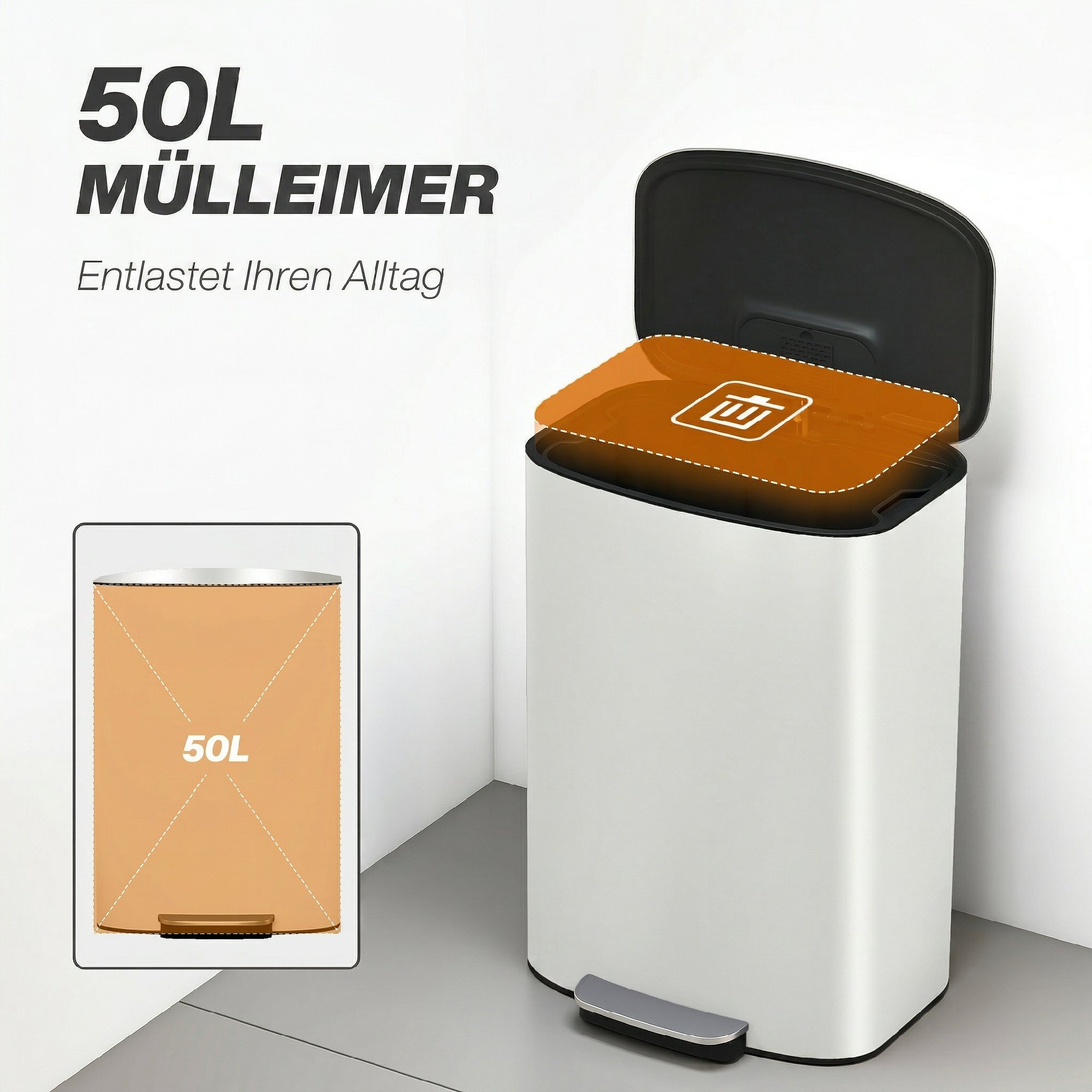 Mülleimer Küche 50 Liter Treteimer mit Bleib-Offen-Funktion, Soft-Close-Deckel, Pedal, Cremeweiß