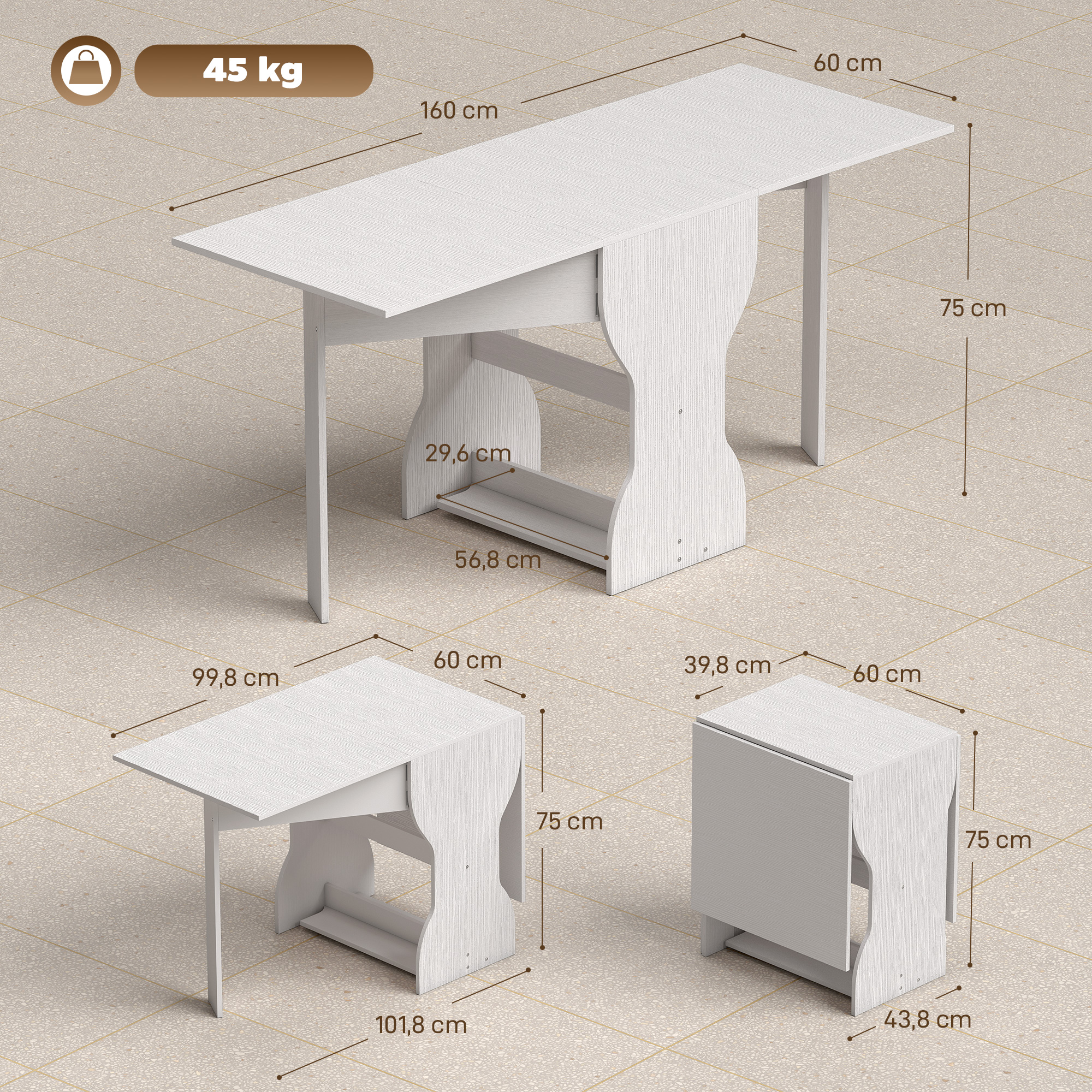 Esstisch Klappbar Küchentisch mit Stauraum für 2-4 Personen Klapptisch für Kleine Räume Esszimmer 160 x 60 x 75 cm Weiß