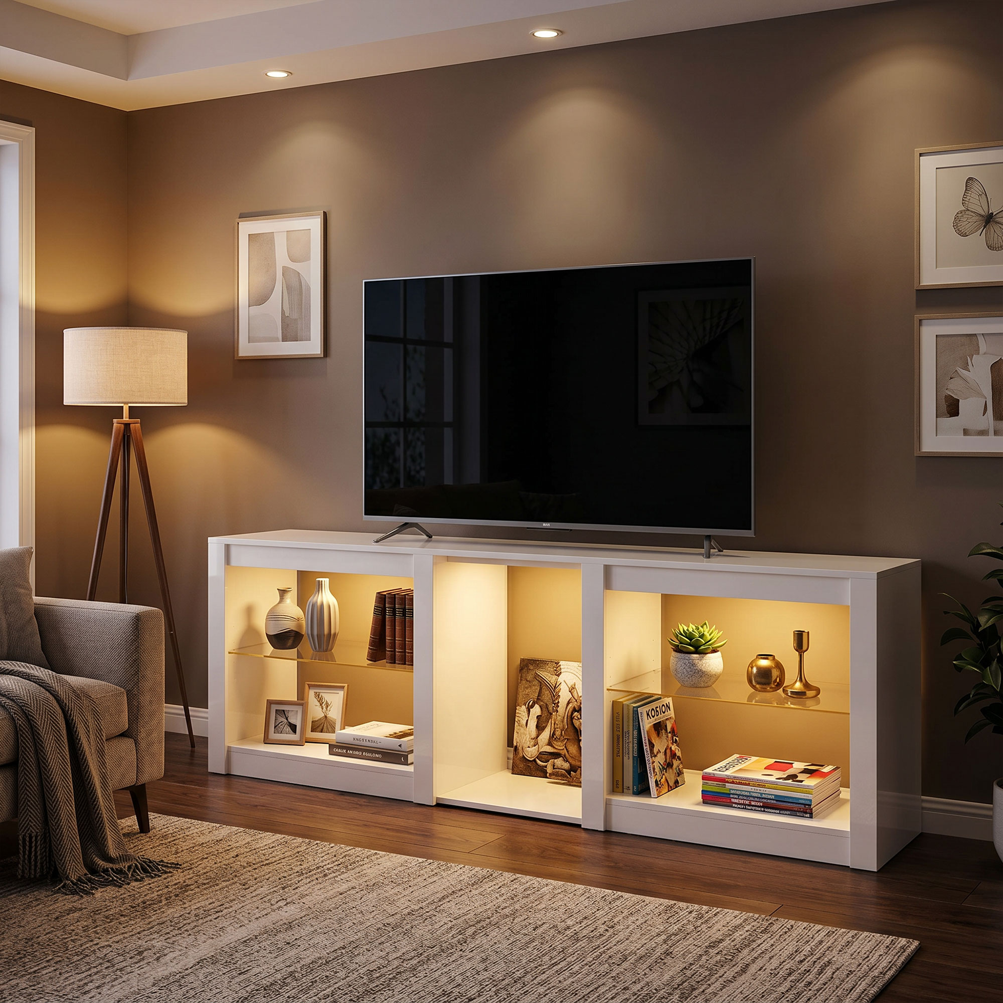 TV-Lowboard mit RGB-LED-Beleuchtung, Modernes TV-Möbel mit verstellbaren Glasböden, für Fernseher bis 75 Zoll, Weiß