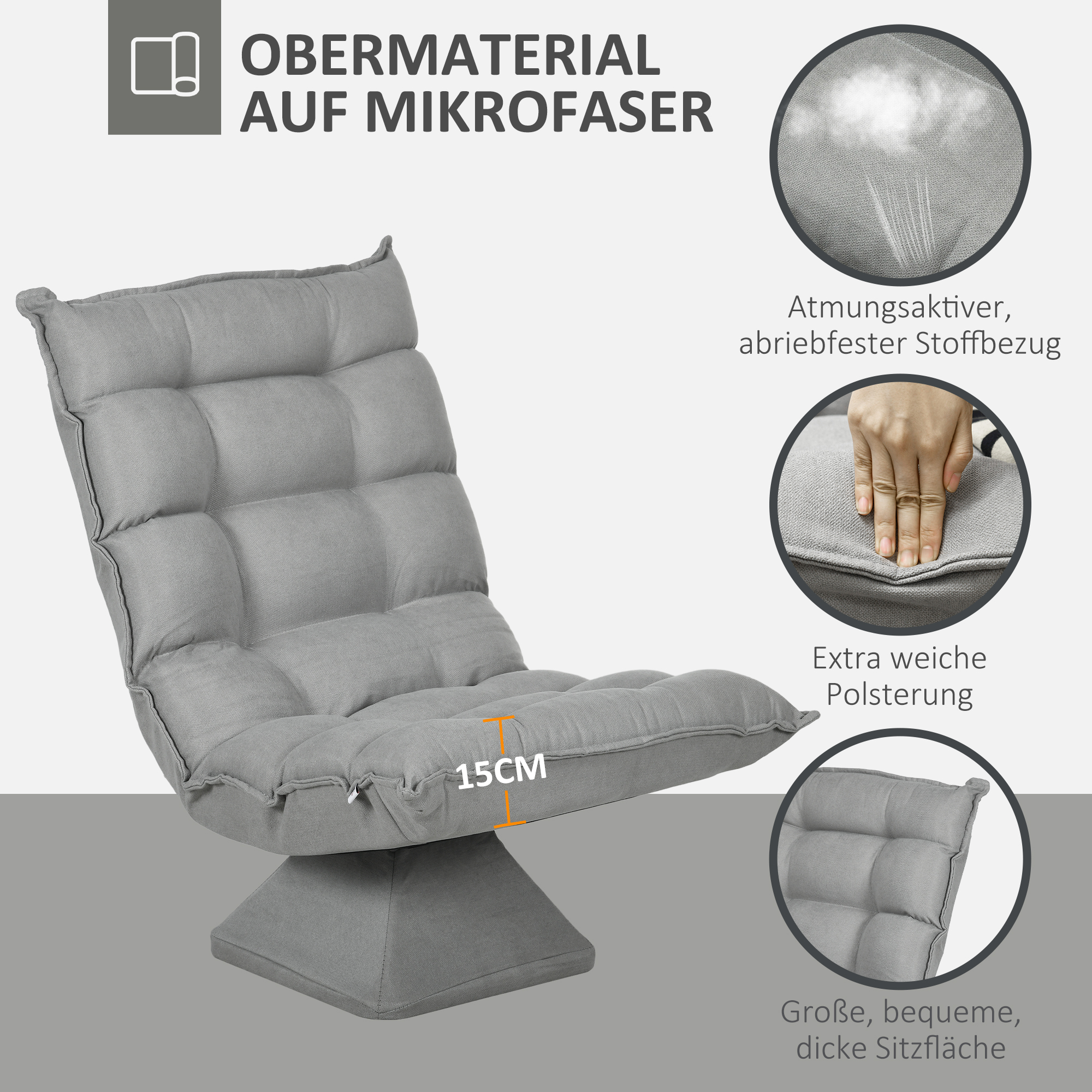 Relaxsessel Lesesessel, drehbar, Samtoptik, 62 cm x 70 cm x 95 cm, Hellgrau