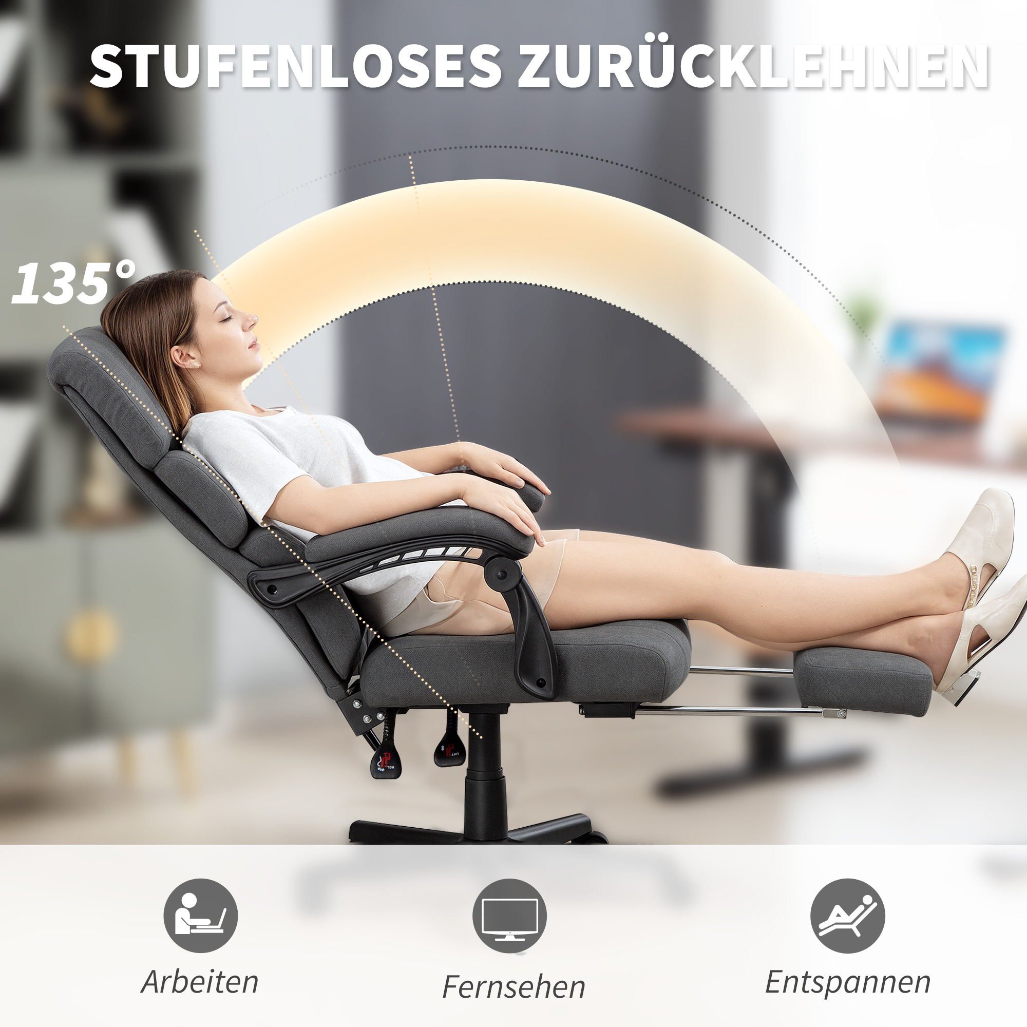 gepolsterter Bürostuhl mit Samt-Optik, höhenverstellbar, rollbar, Grau