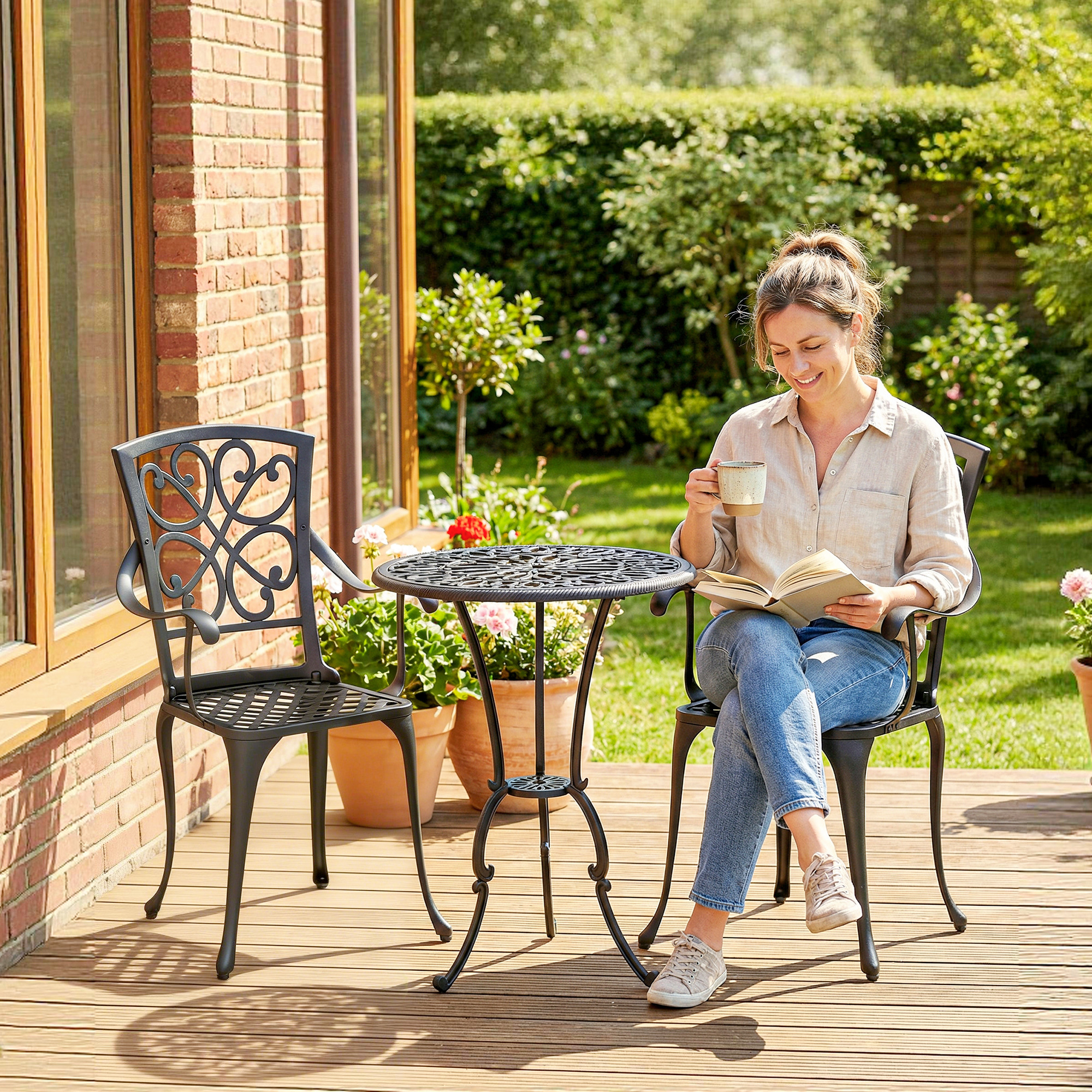 3-teiliges Garten Bistro Set runder Bistrotisch mit 2 Stühlen Sonnenschirmloch, Antik aus Aluminiumguss