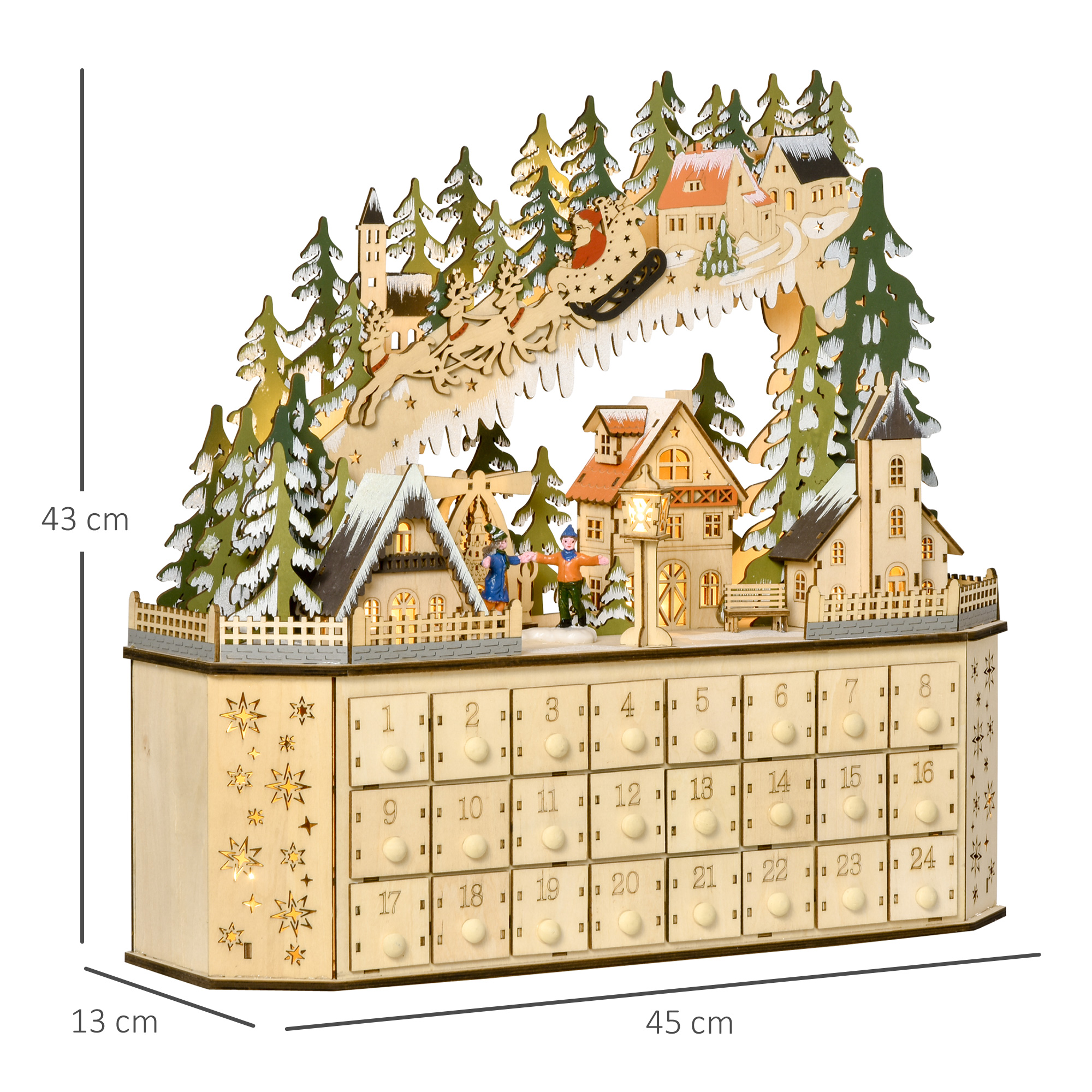 Adventskalender Weichnachtsdekoration Weihnachtsdeko, 24 Schubladen, LED-Lichter, 39 cm x 9 cm x 42 cm, Weiß + Grün