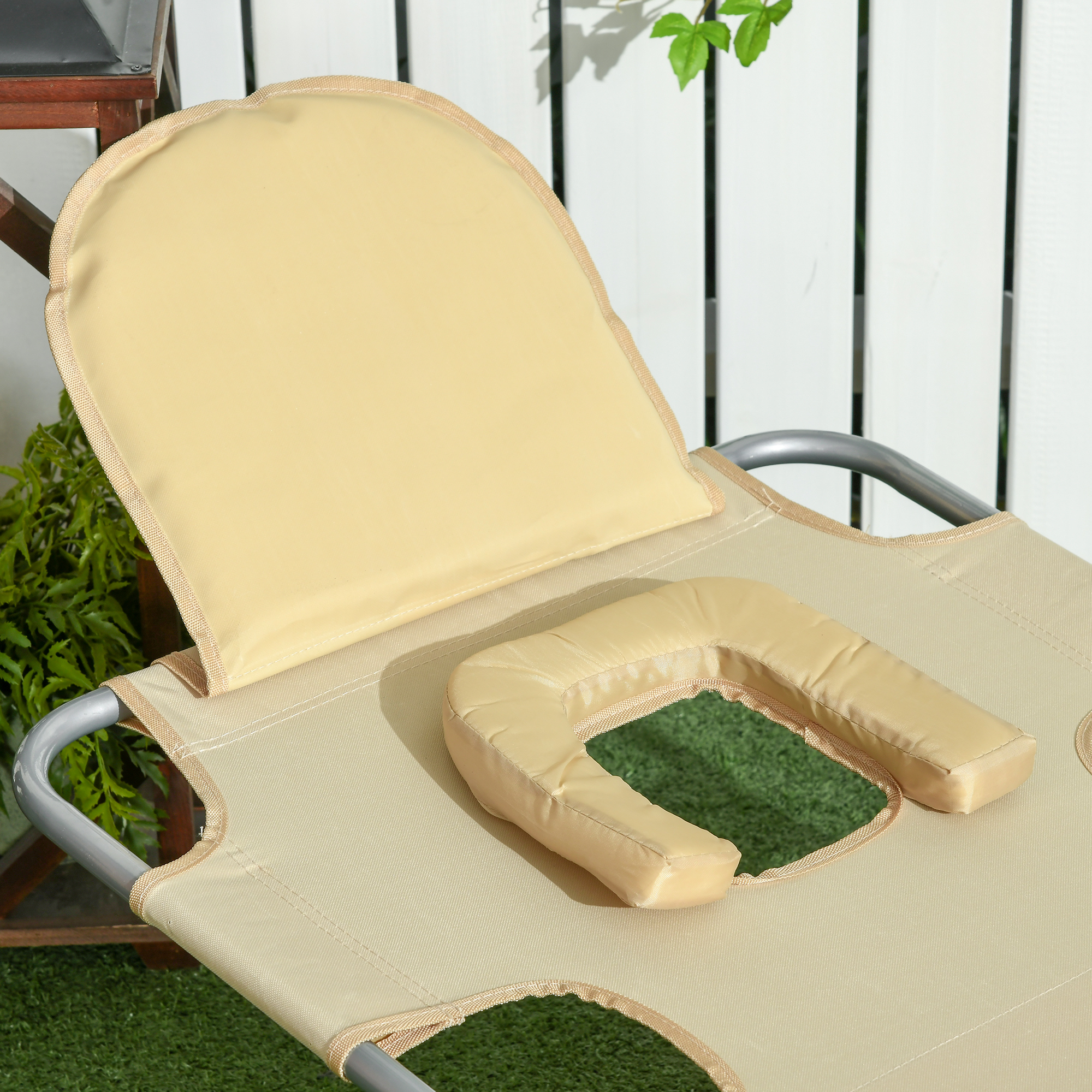 Gartenliege, Liegestuhl mit gepolsterter Gesichtsöffnung, Massage-Liege für draußen, Seitentasche, Stoff, Metall, Beige