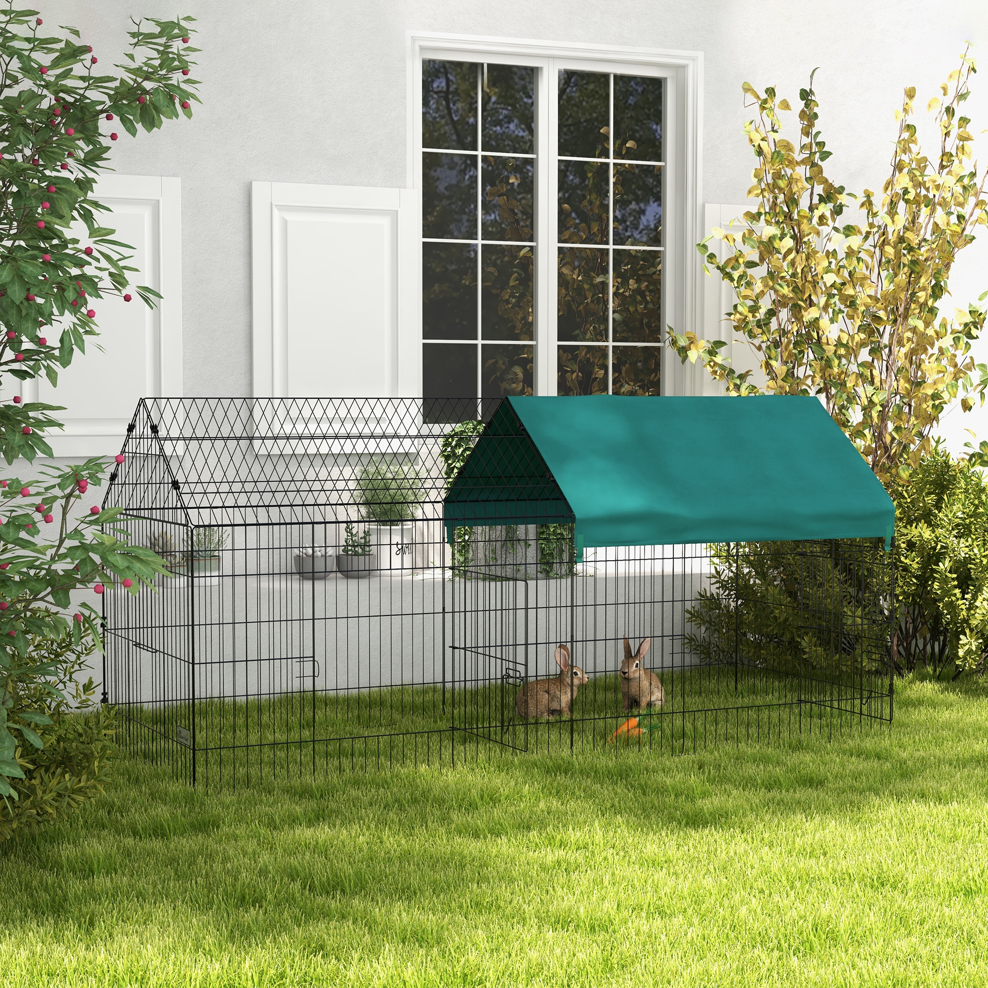 Kleintiergehege mit Dach, 4 Türen, wetterfest, Stahl/Polyester, 220x85x103cm, Grün/Schwarz