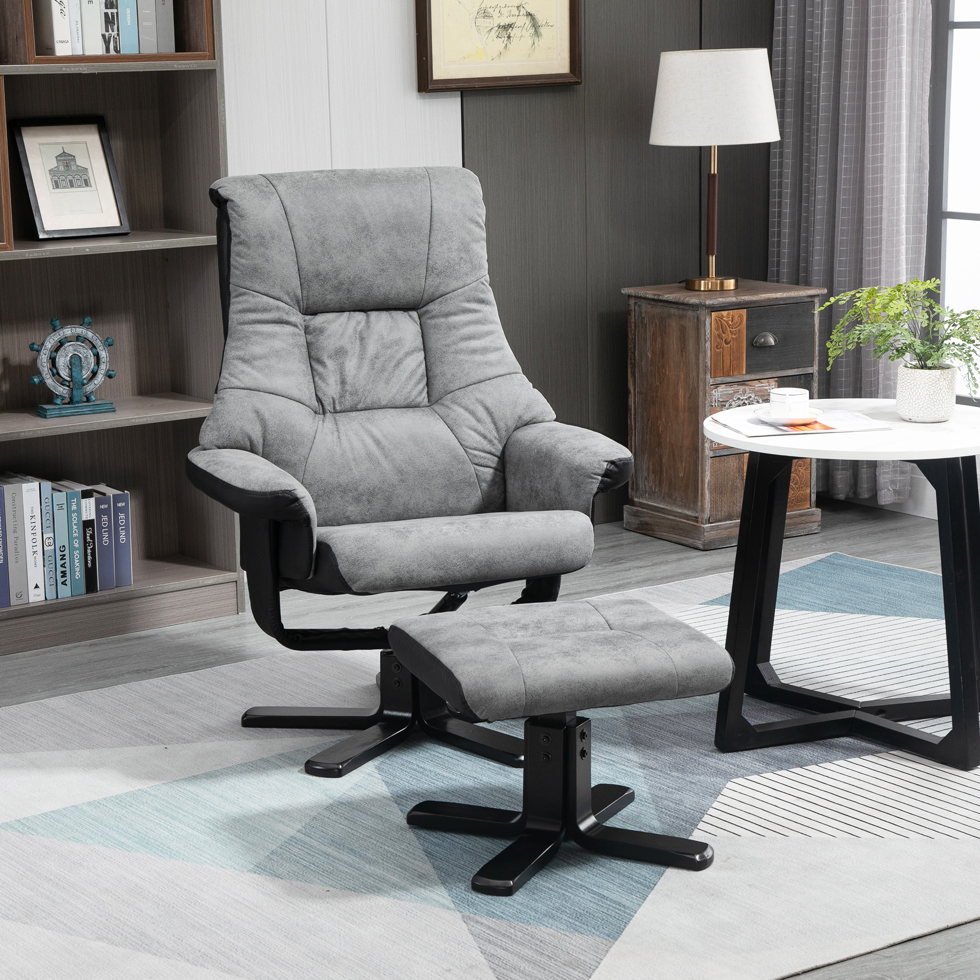 Relaxsessel mit Hocker, 360° drehbar, 135° neigbar, atmungsaktiver Bezug, 78 x 82,5 x 109 cm, grau