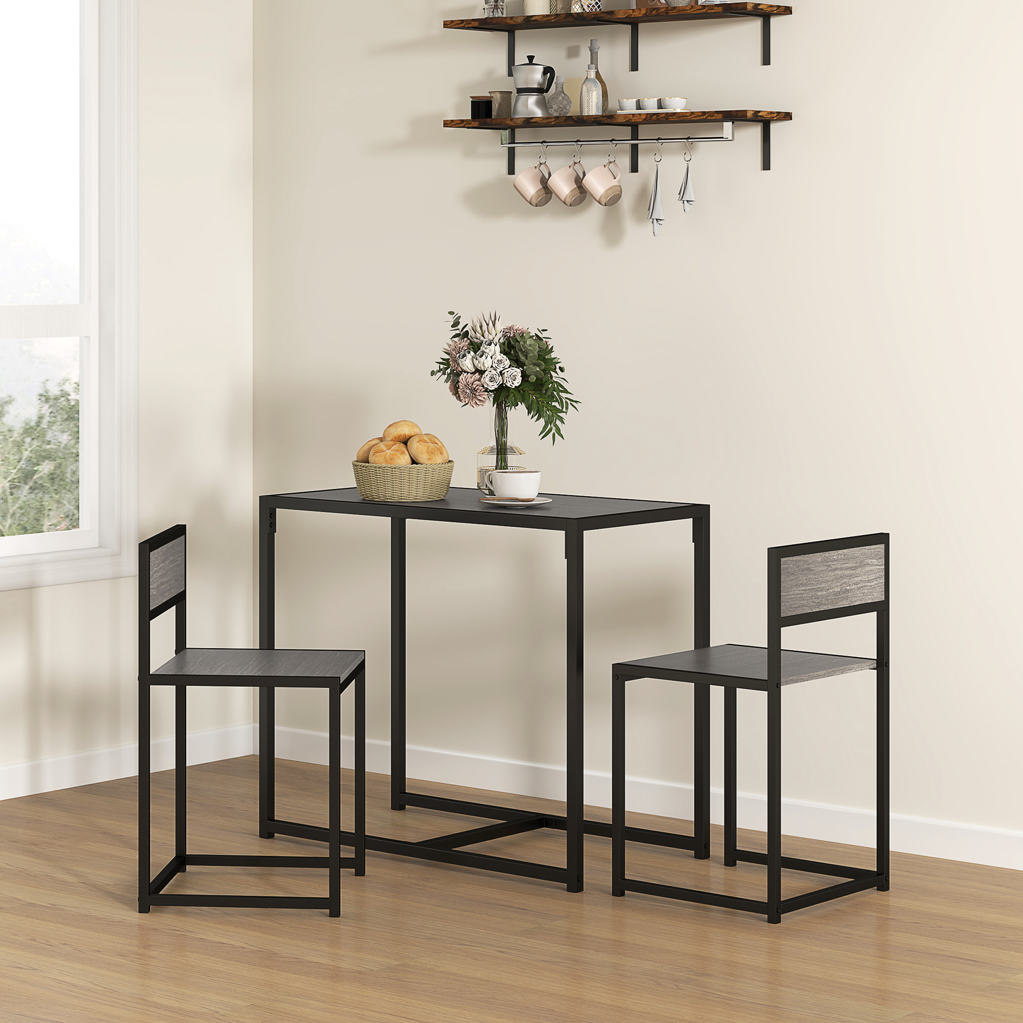 3-teiliges Bartisch-Set Hochtisch-Set 3-teilig, 2 Stühle, 1 Tisch, 90 cm x 47 cm x 76  cm, Grau