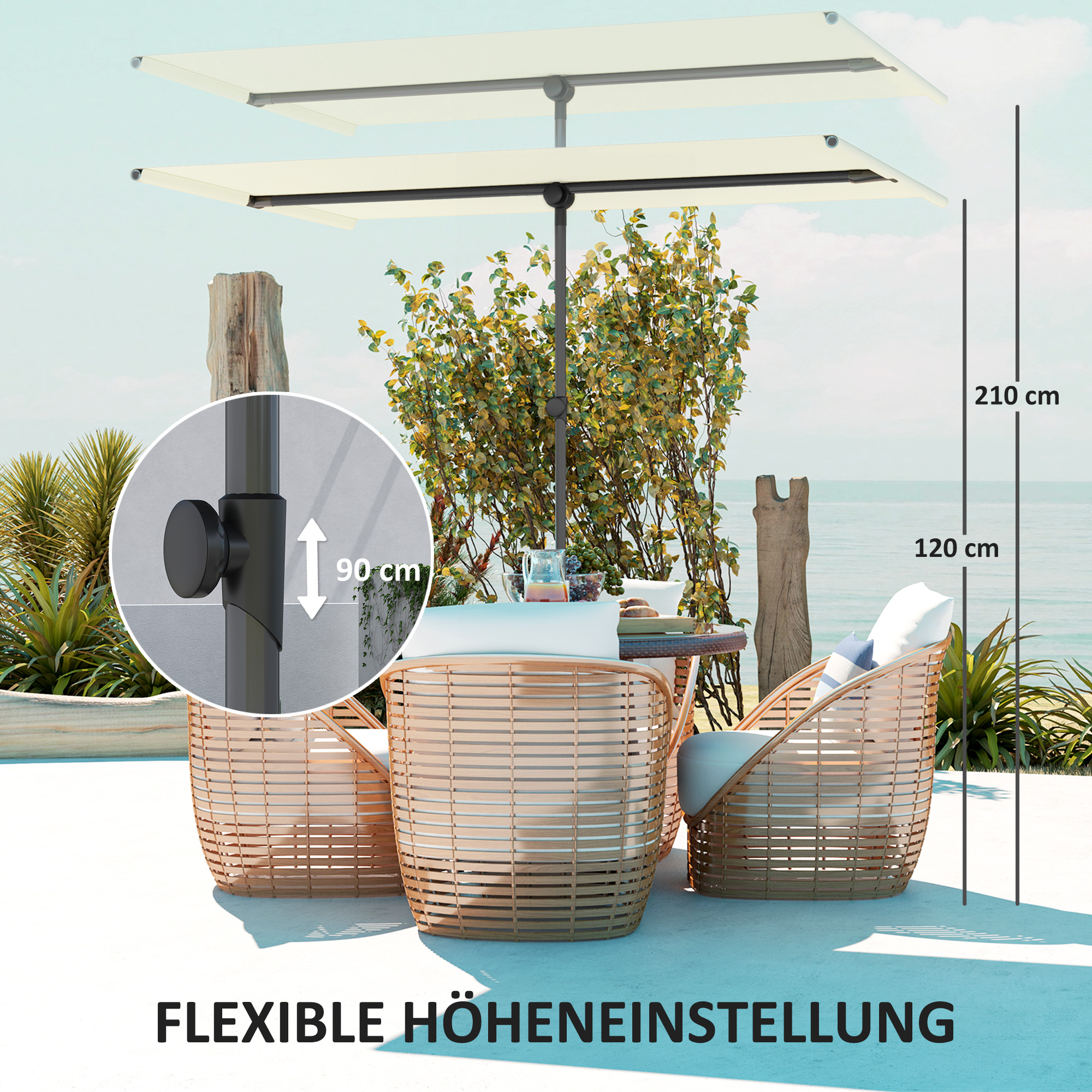Sonnenschirm 180 Grad drehbar Höhenverstellbar Gartenschirm mit Aluminium-Mast 150x205cm Beige