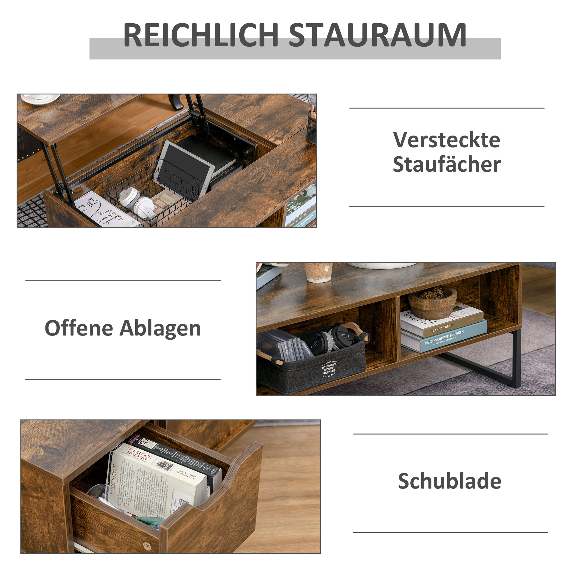 Couchtisch Wohnzimmertisch Kaffeetisch mit Höhenverstellbarer Platte Spanplatte Braun 100 x 60 x 44 cm