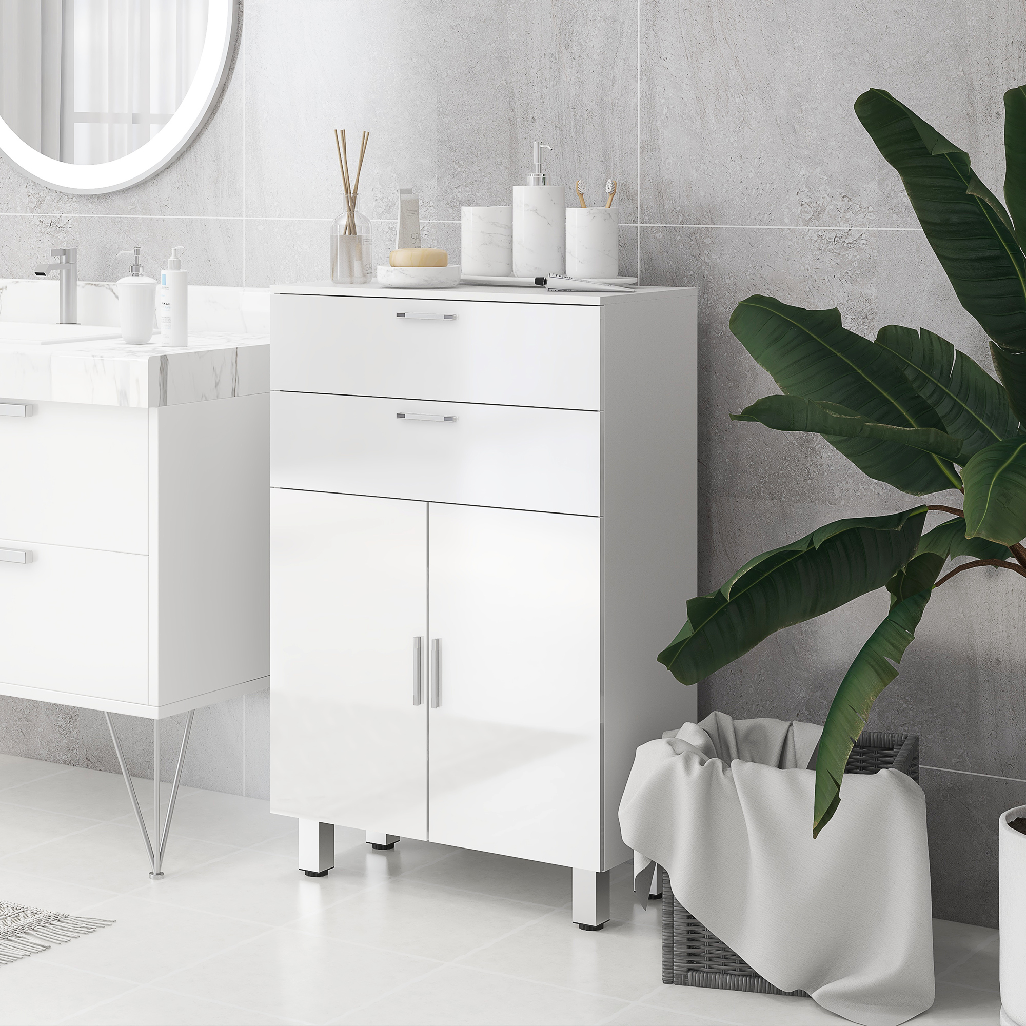 Badezimmerschrank, Badkommode, 2 Schubladen, verstellbares Regal, Holz, Weiß