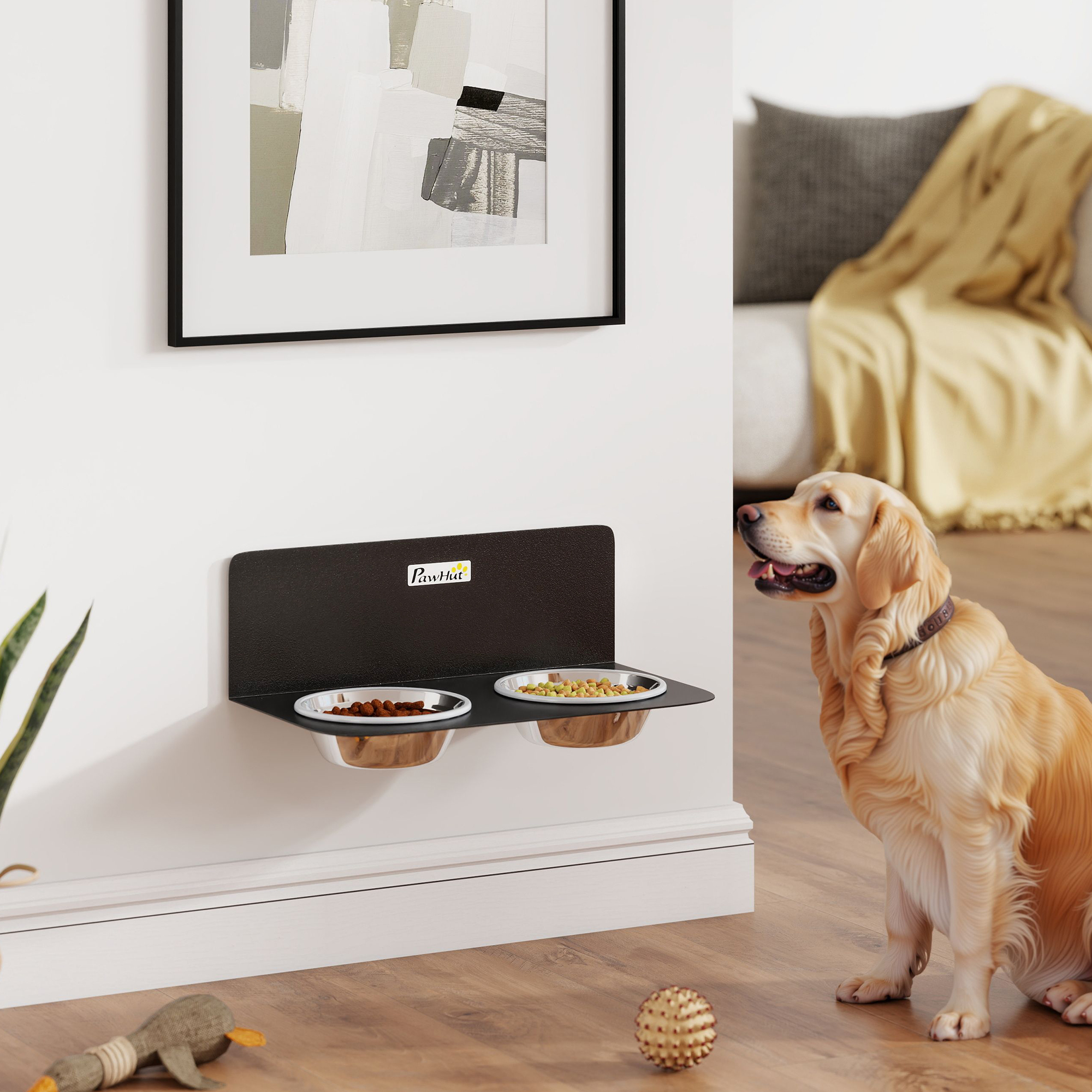 Hundenapf höhenverstellbar Wand Futternapf mit 2 x 800ml Edelstahlnäpfen 42 x 23,5 x 14 cm Schwarz