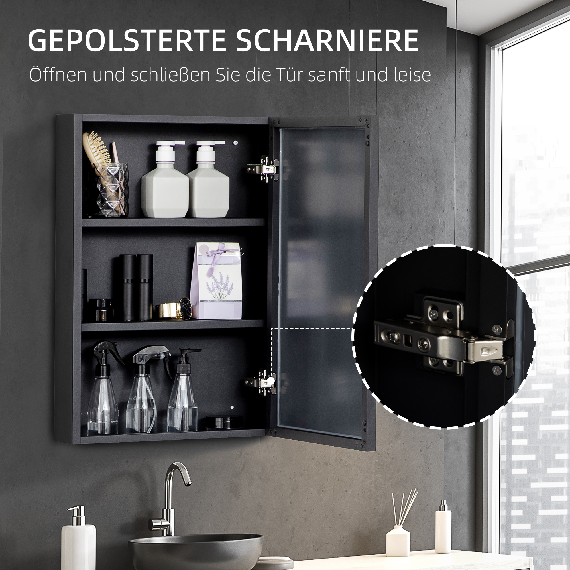 Spiegelschrank, Badschrank, 3 Regalfächer, Edelstahl, 40x12x60cm, Schwarz