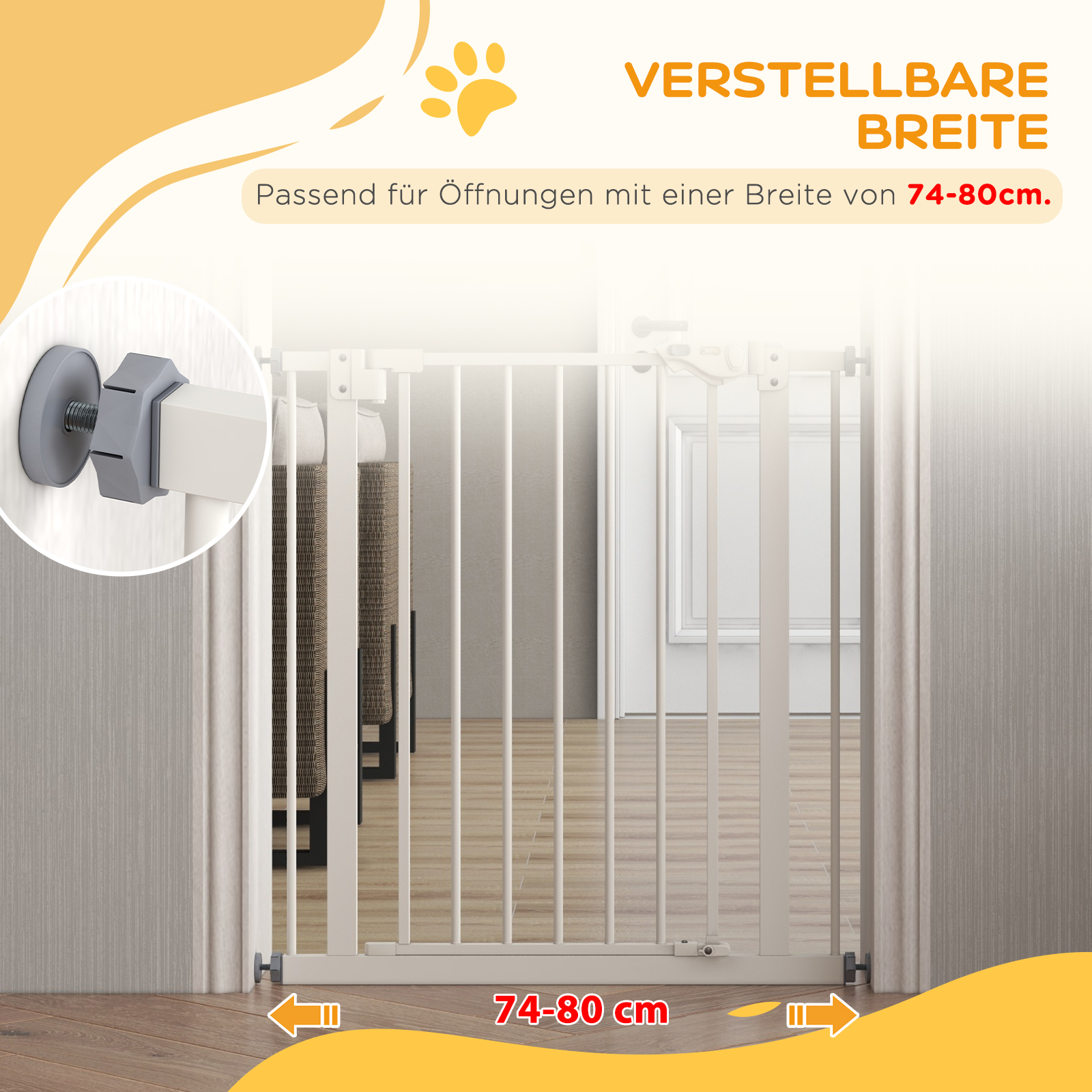 Türschutzgitter für Hunde, Absperrgitter, Schutzgitter für Haustiere, Metall, Kunststoff, 74-80 cm, Weiß