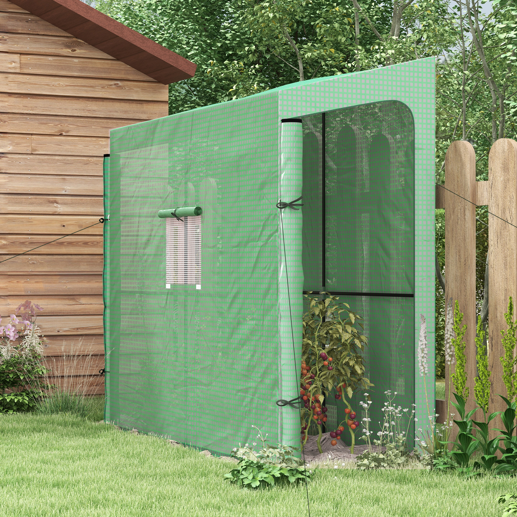 Anlehn-Gewächshaus Frühbeet Treibhaus, aufrollbare Türen, wetterbeständig, 200 cm x 80 cm x 200 cm, Grün