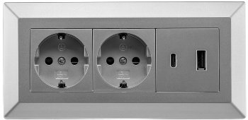2-fach Steckdosenblock, USB-A+C, silber / 250V~/ 16A, Aufbaumontage, USB 3,1A, PD