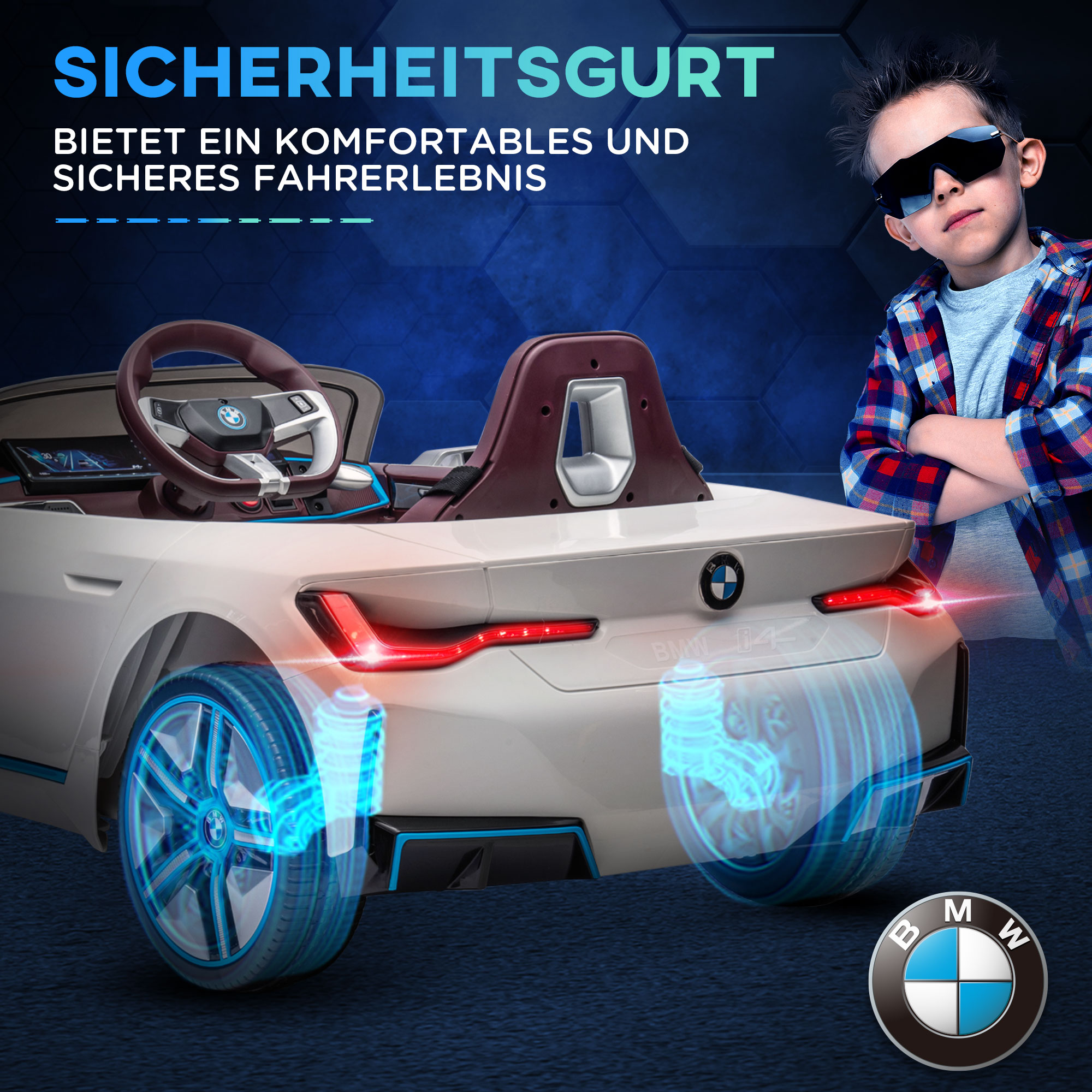Kinderauto, aufladbarer Akku, 3-5 km/h, mit Fernbedienung, Multimedia-Player, weiß