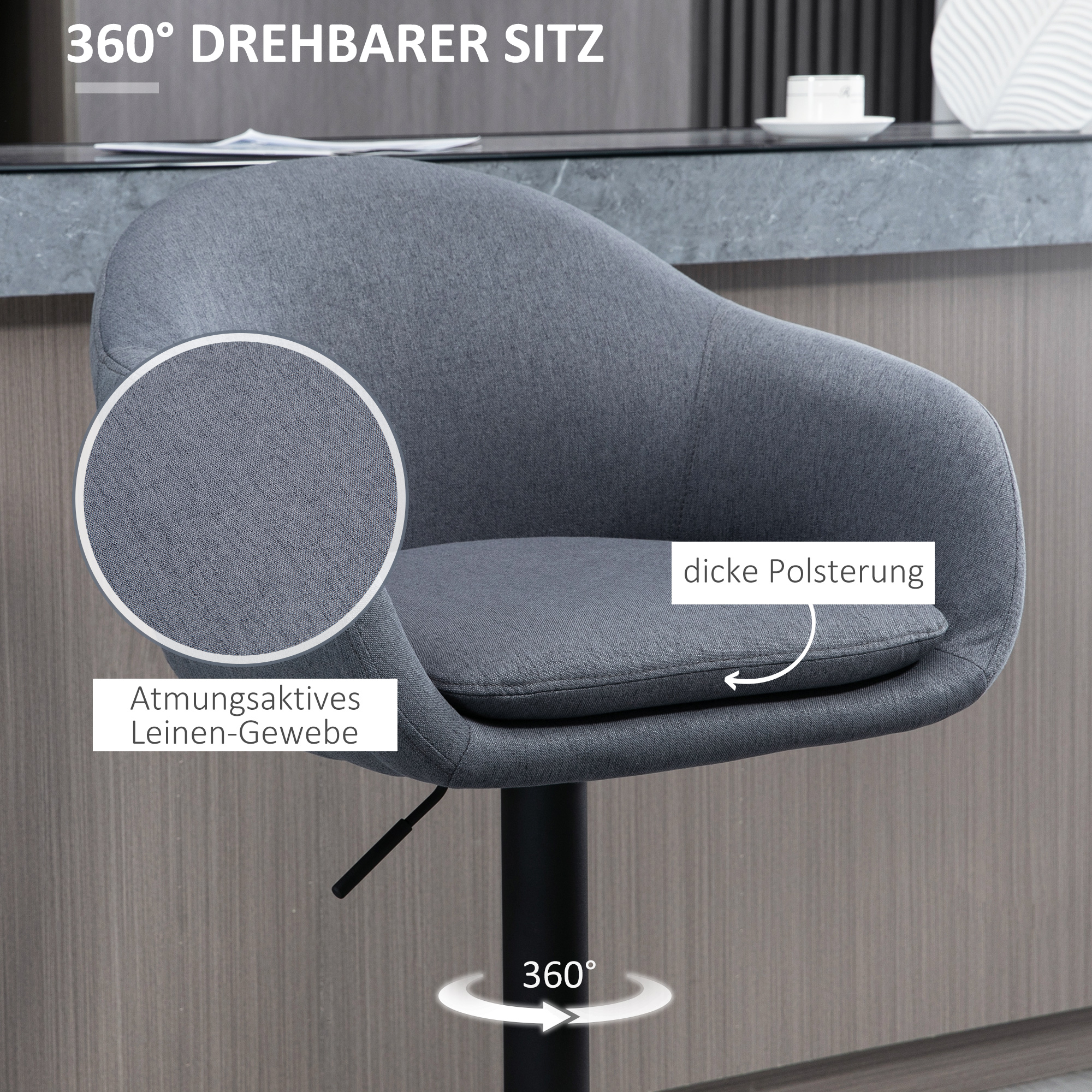 Barhocker höhenverstellbar mit Lehne und mit Fußstütze; Leinenoptik, 54 cm x 54 cm x 112 cm, Grau