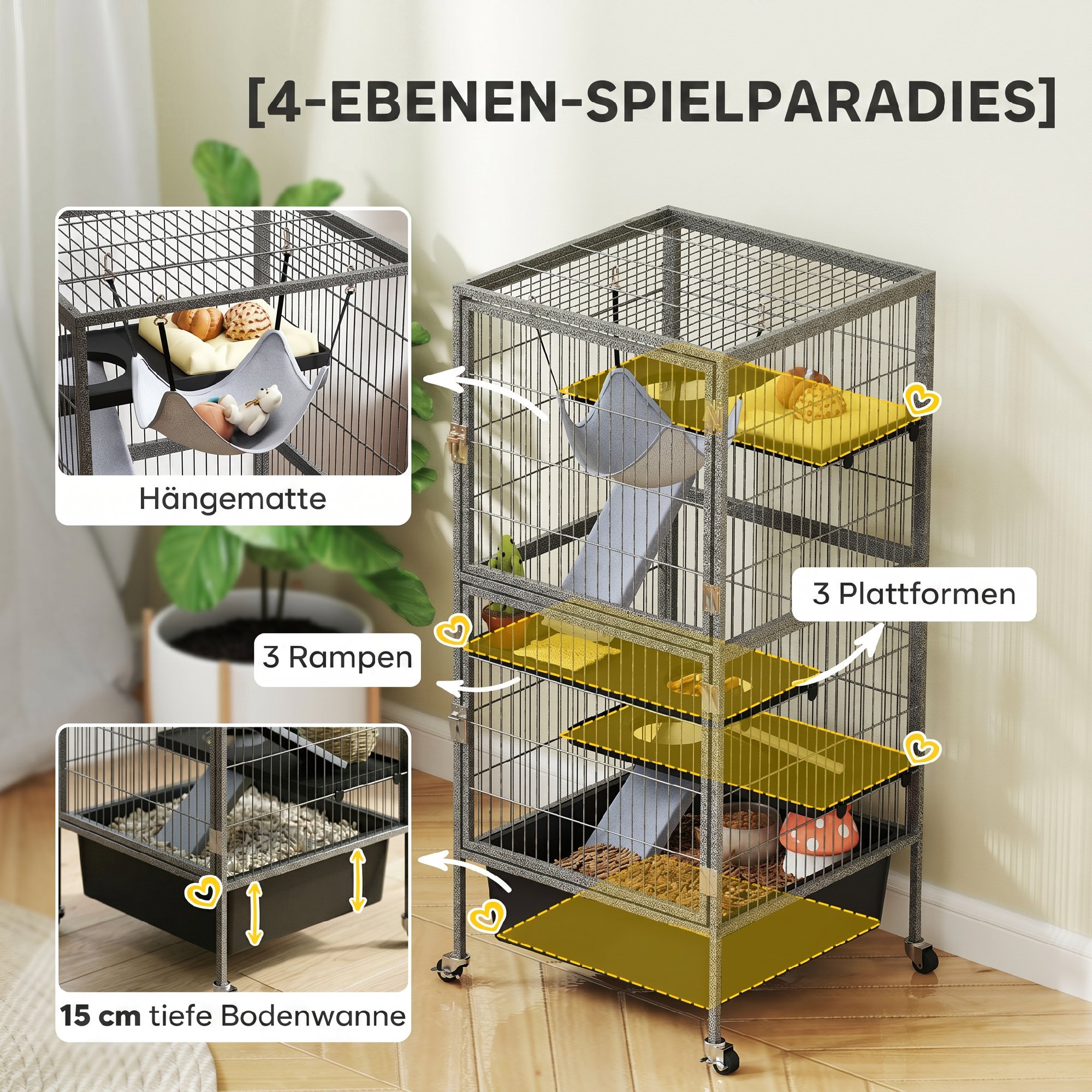 Kleintierkäfig 4-stöckiger Nagerkäfig mit anhebbarem Tablett Rampen Hängematte Rollen Plattformen 52x52x115 cm Grau