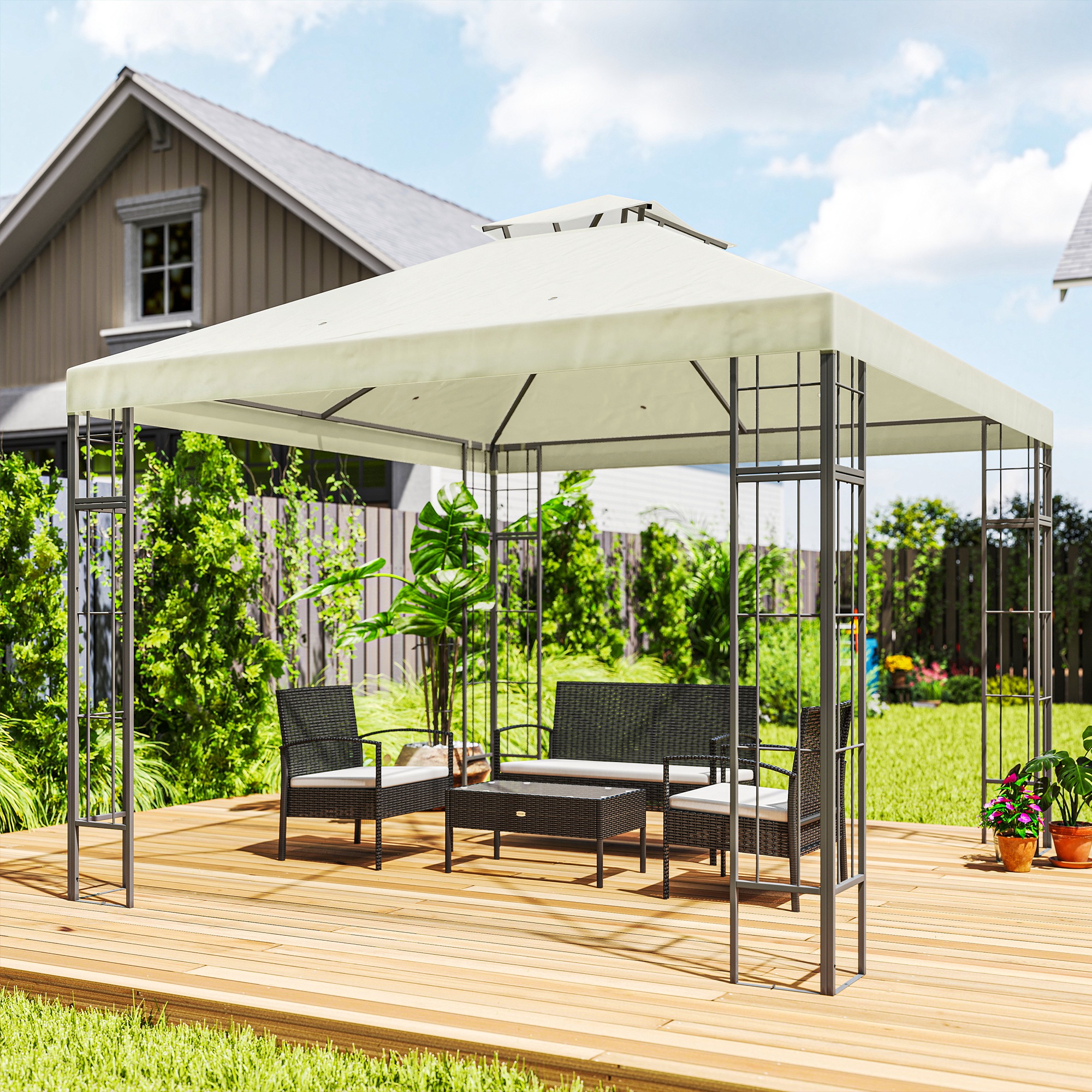 3 x 3 m Garten-Pavillon, 2-Stufen-Dach-Design, UV30+ Schutz, UV-beständig, Sonnenschutz, Metallrahmen, Cremeweiß