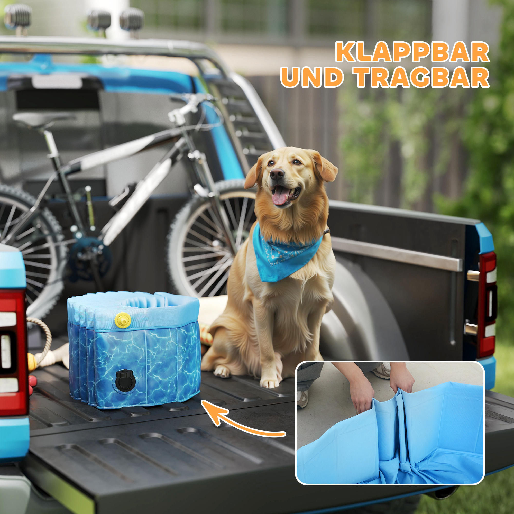 Hundepool Faltbar Planschbecken mit Brunnen- und Wasserpolsterdesign Ø120 x 30 cm Blau