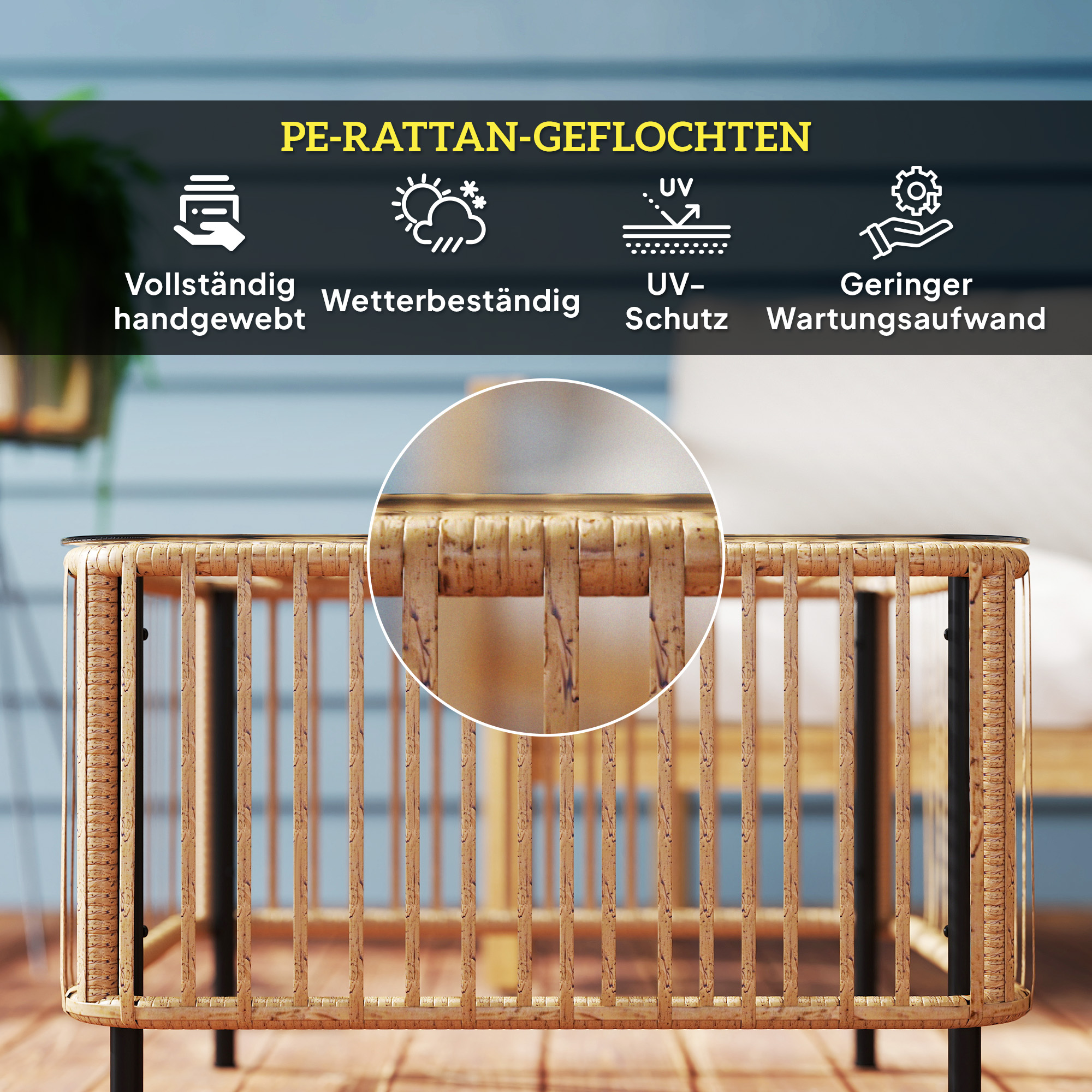 Polyrattan Gartentisch, 65 x 65 x 43 cm, wetterfest Beistelltisch quadrarisch mit Glasplatte Naturholz